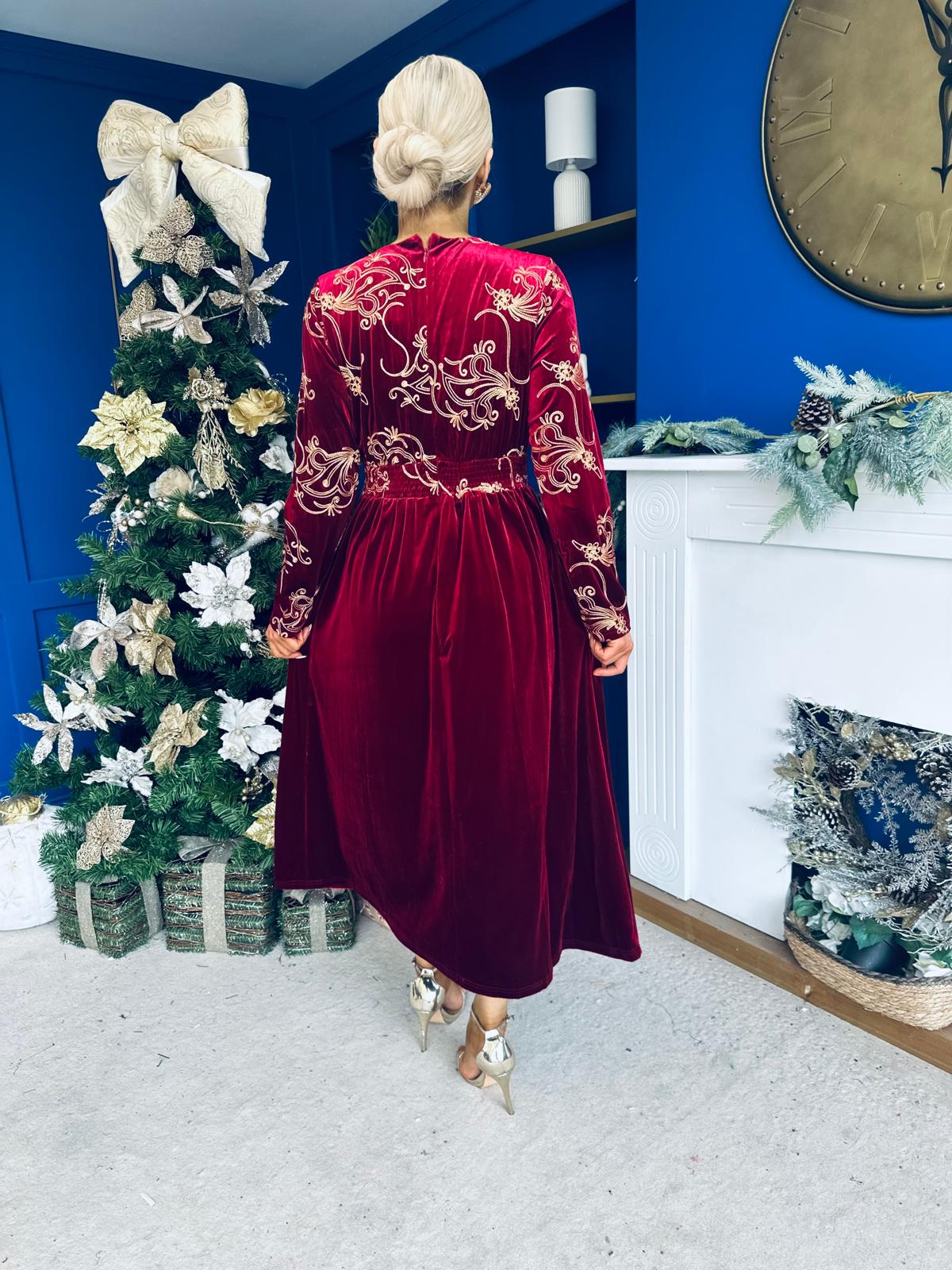 Alice Gold Embroidered Velvet Midi Dress Wine