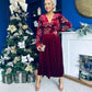 Alice Gold Embroidered Velvet Midi Dress Wine
