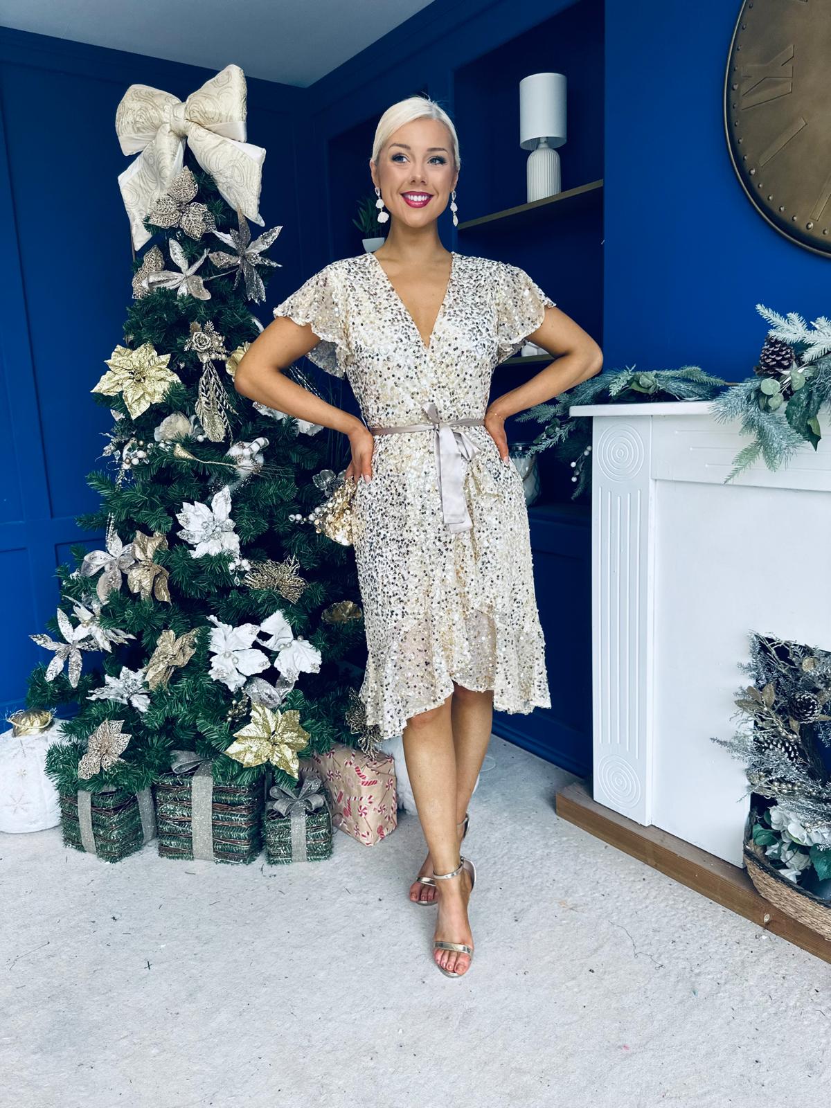 Kate Frill Hem Sequin Midi Dress Champagne