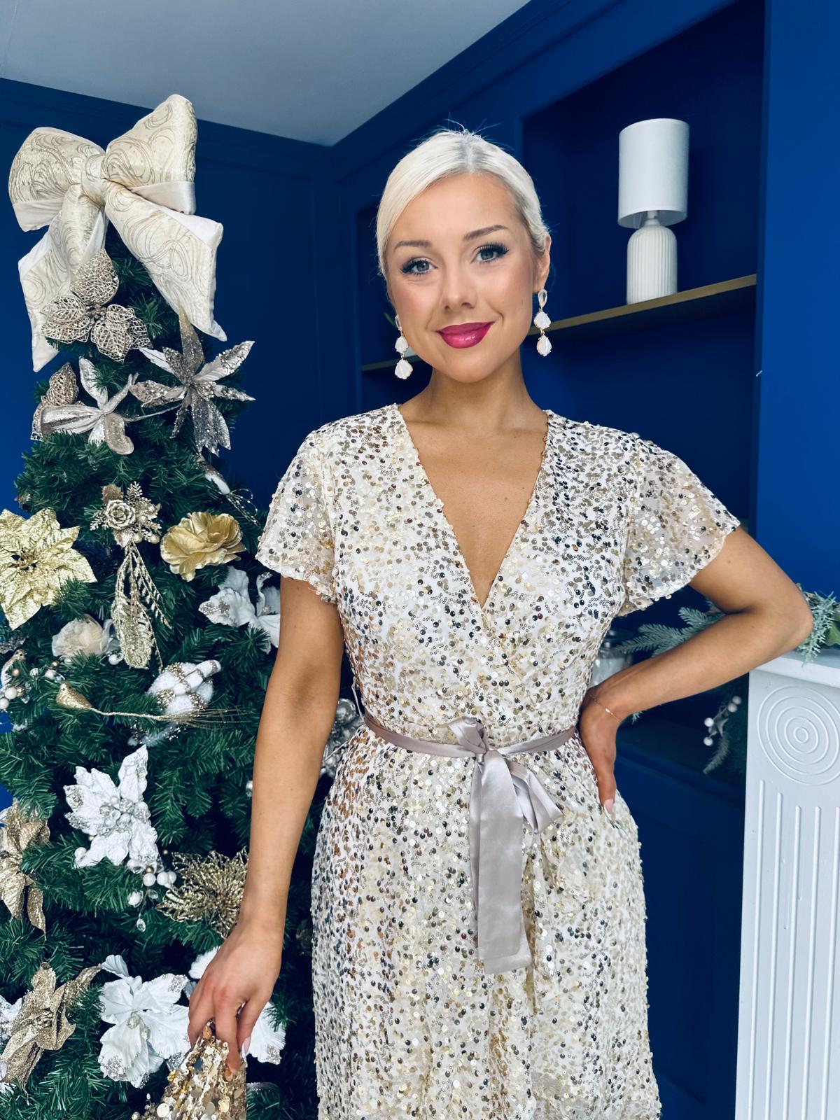 Kate Frill Hem Sequin Midi Dress Champagne