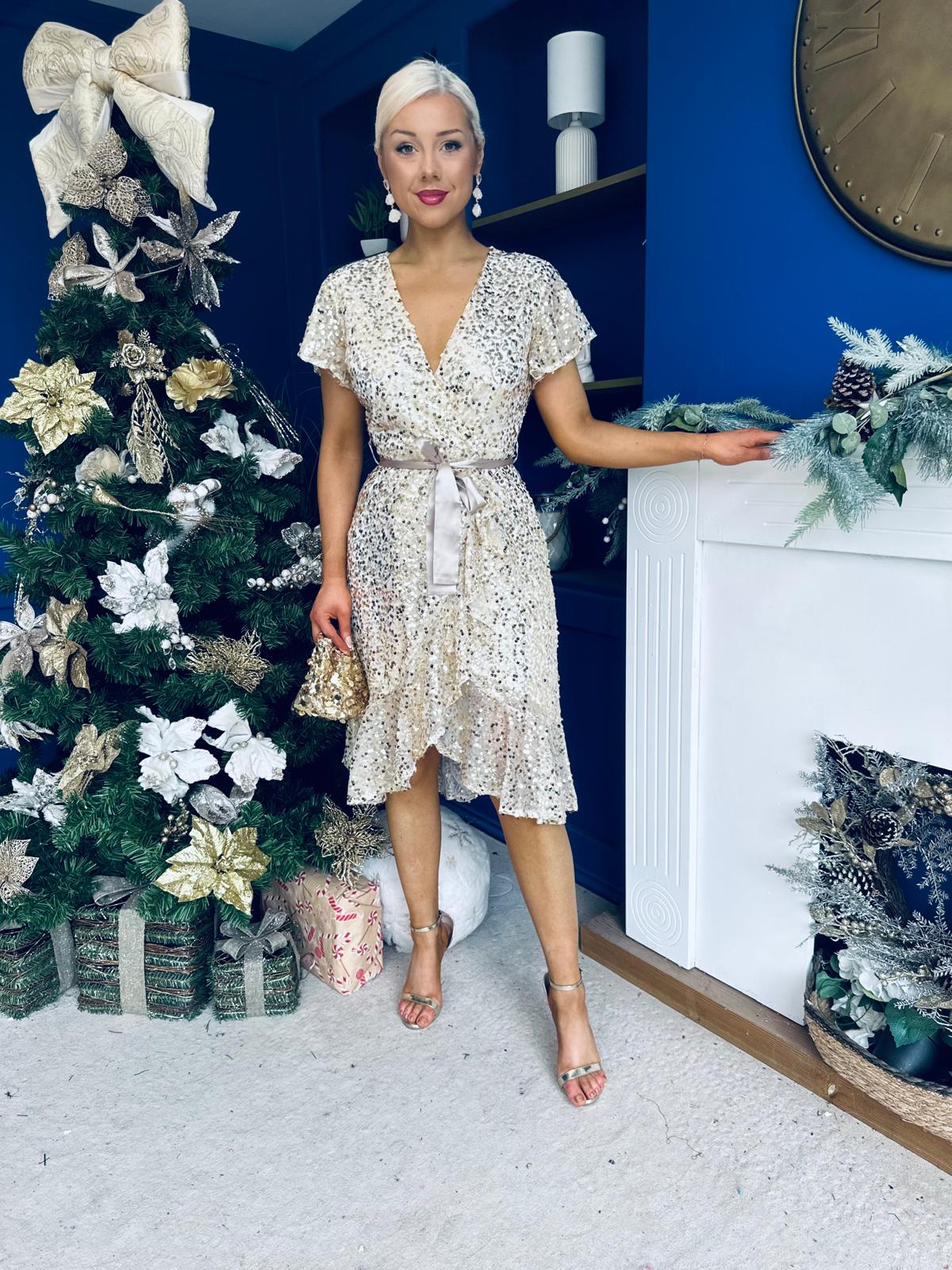 Kate Frill Hem Sequin Midi Dress Champagne