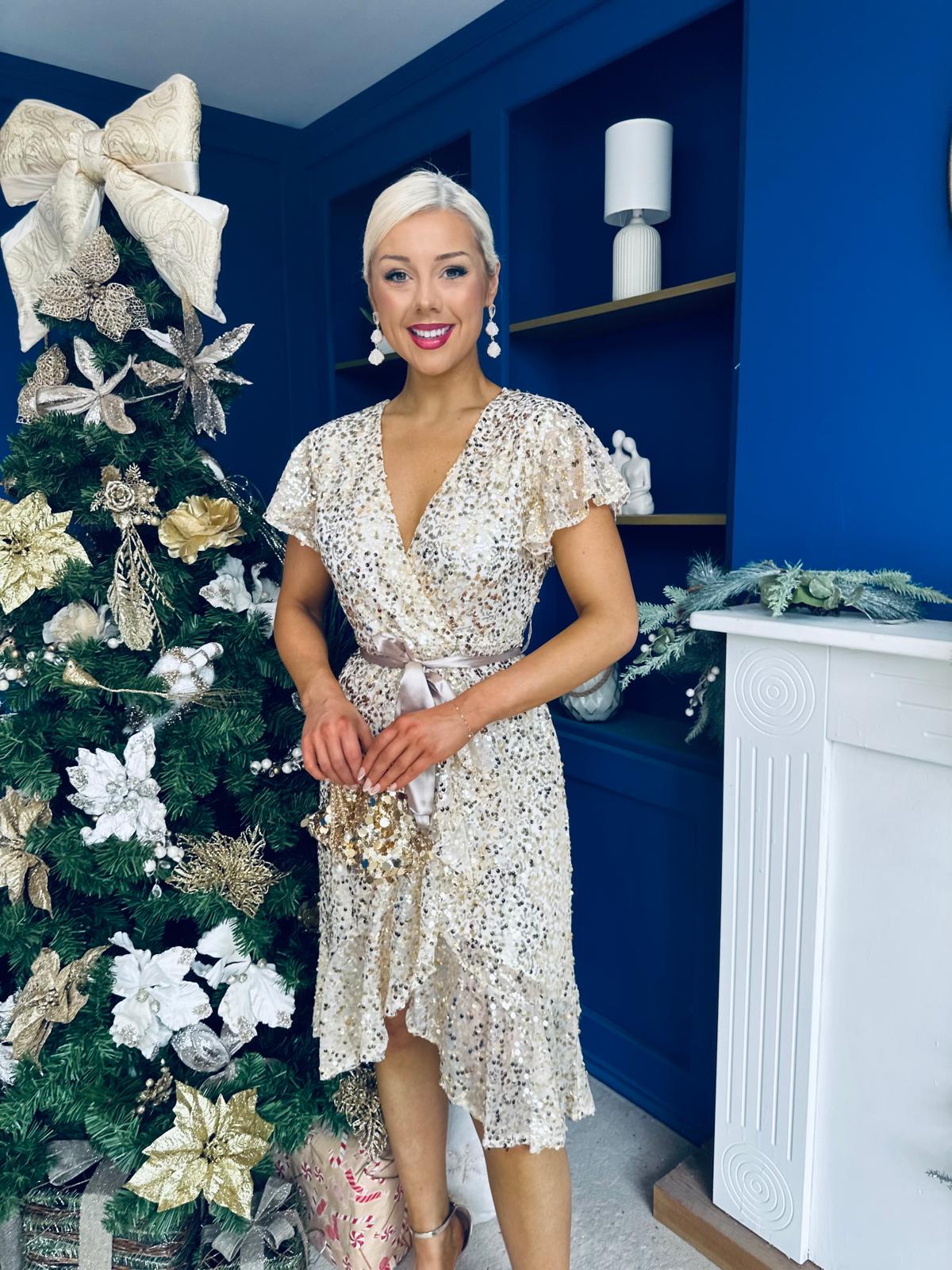 Kate Frill Hem Sequin Midi Dress Champagne
