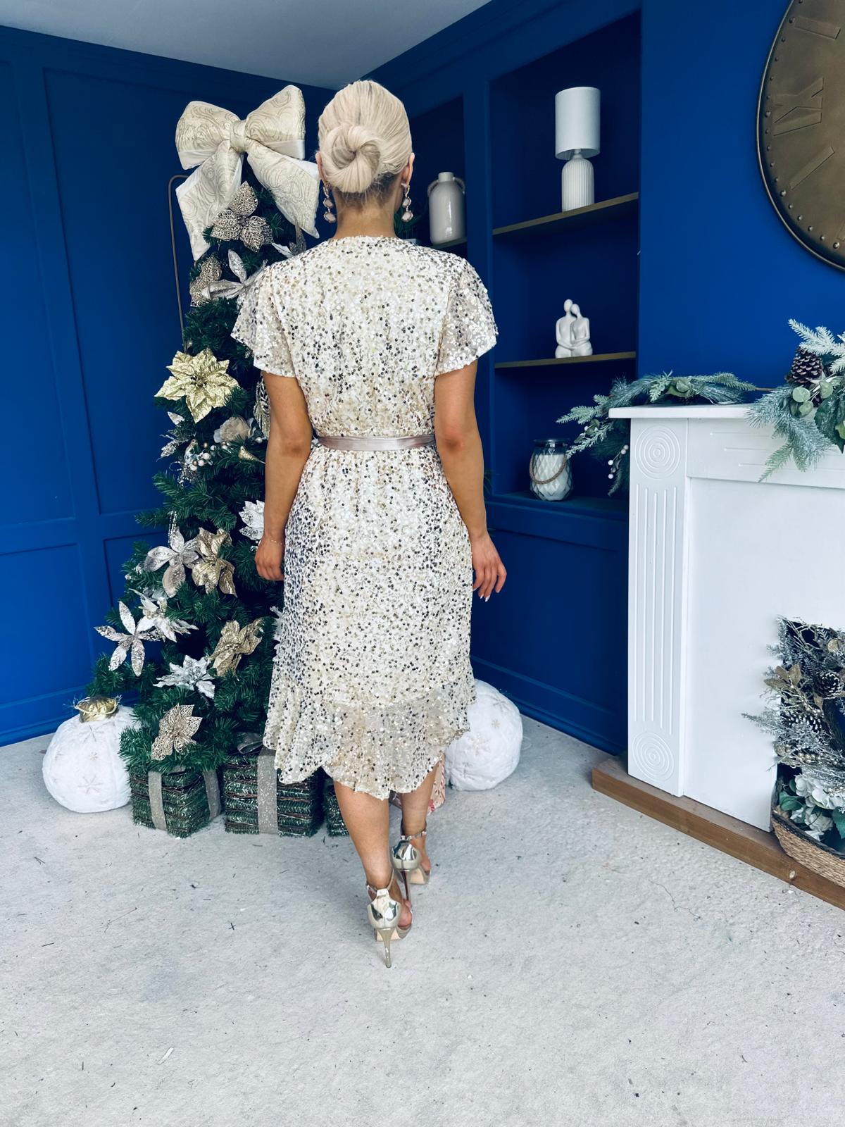 Kate Frill Hem Sequin Midi Dress Champagne