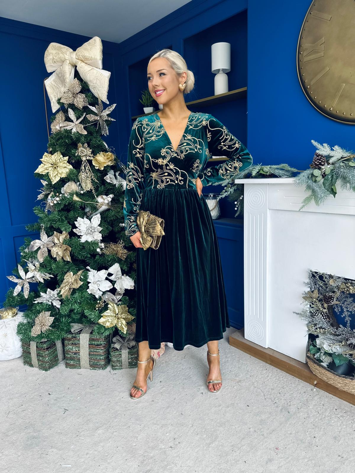 Alice Gold Embroidered Velvet Midi Dress Forest
