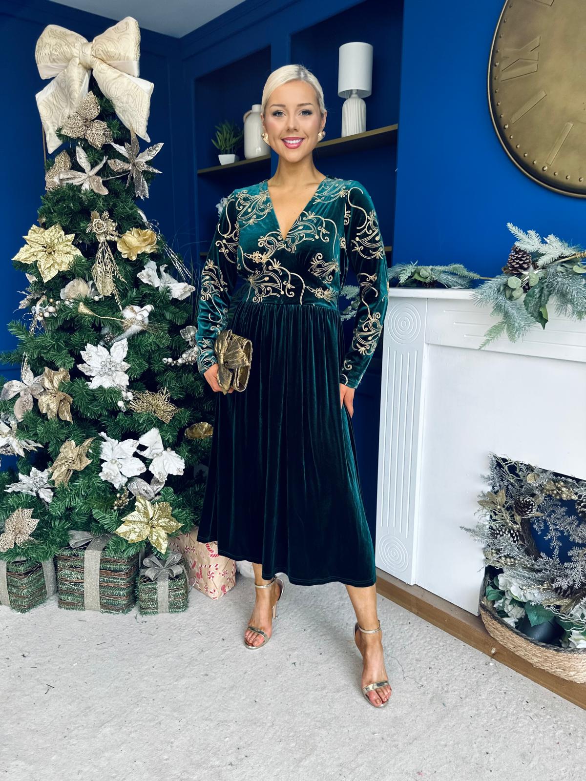 Alice Gold Embroidered Velvet Midi Dress Forest