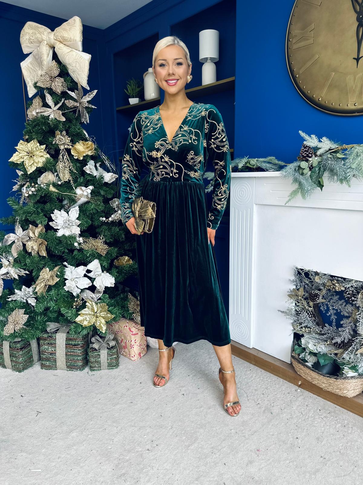 Alice Gold Embroidered Velvet Midi Dress Forest