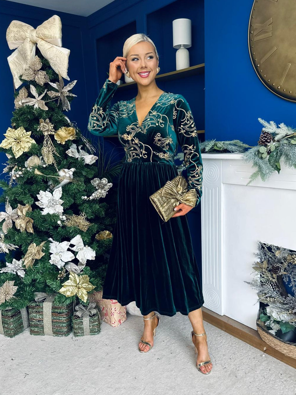 Alice Gold Embroidered Velvet Midi Dress Forest