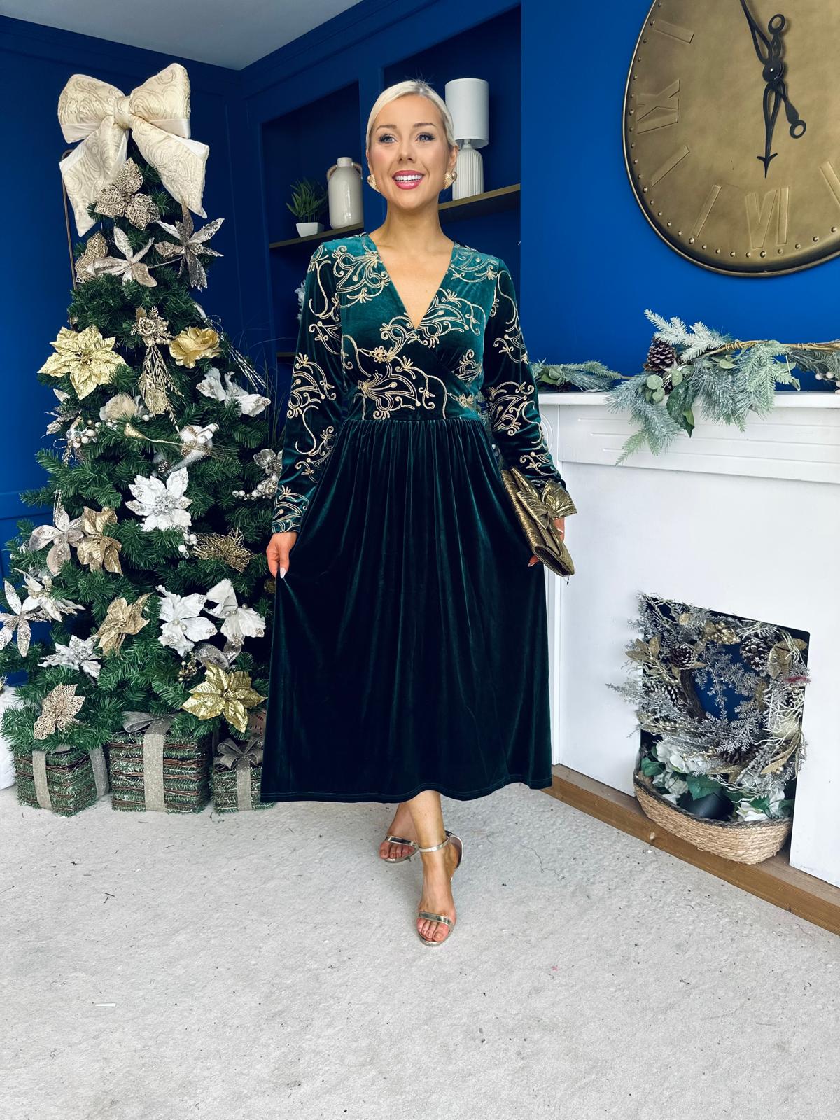 Alice Gold Embroidered Velvet Midi Dress Forest