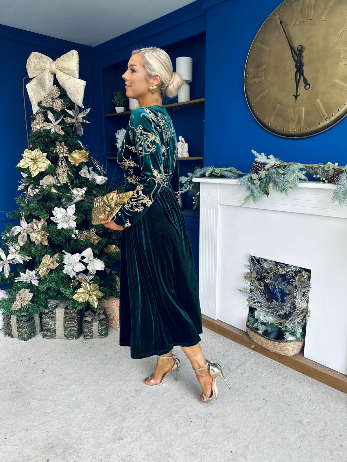 Alice Gold Embroidered Velvet Midi Dress Forest