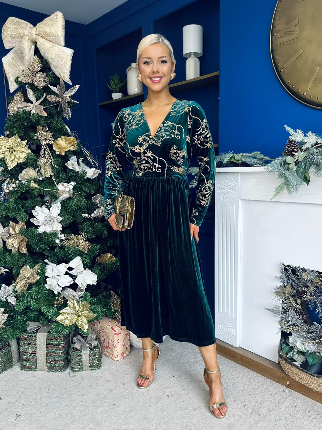 Alice Gold Embroidered Velvet Midi Dress Forest