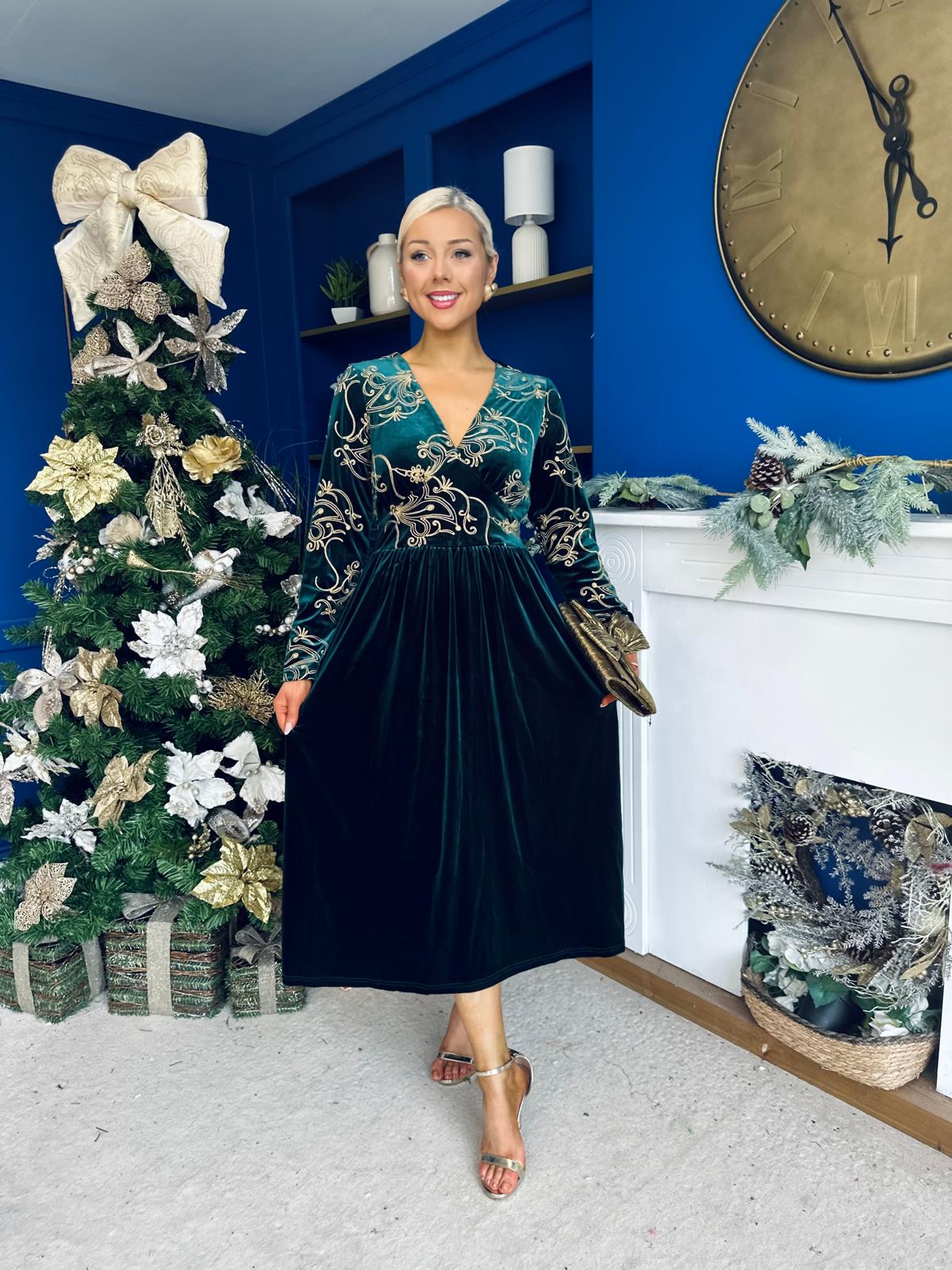Alice Gold Embroidered Velvet Midi Dress Forest