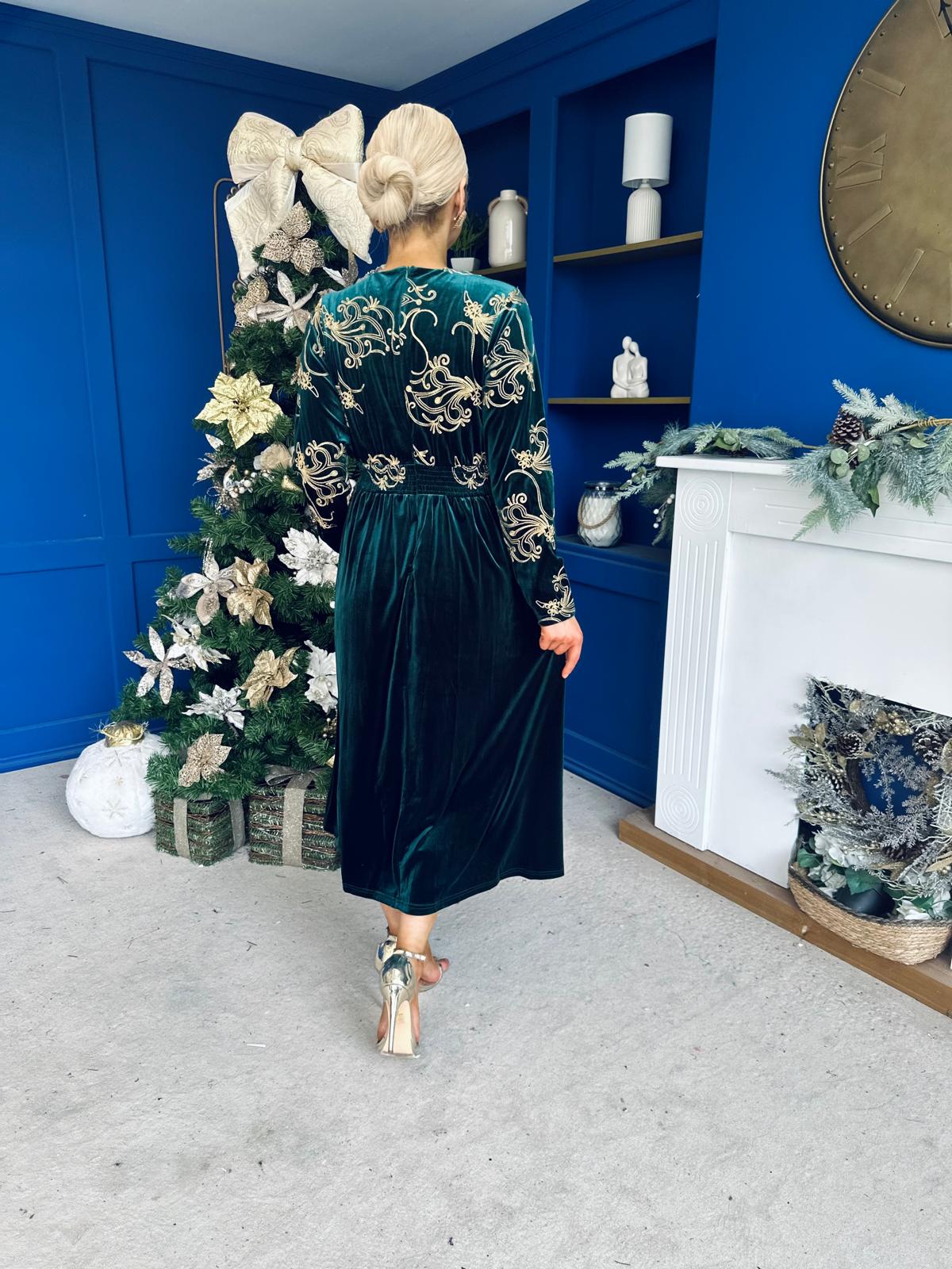 Alice Gold Embroidered Velvet Midi Dress Forest