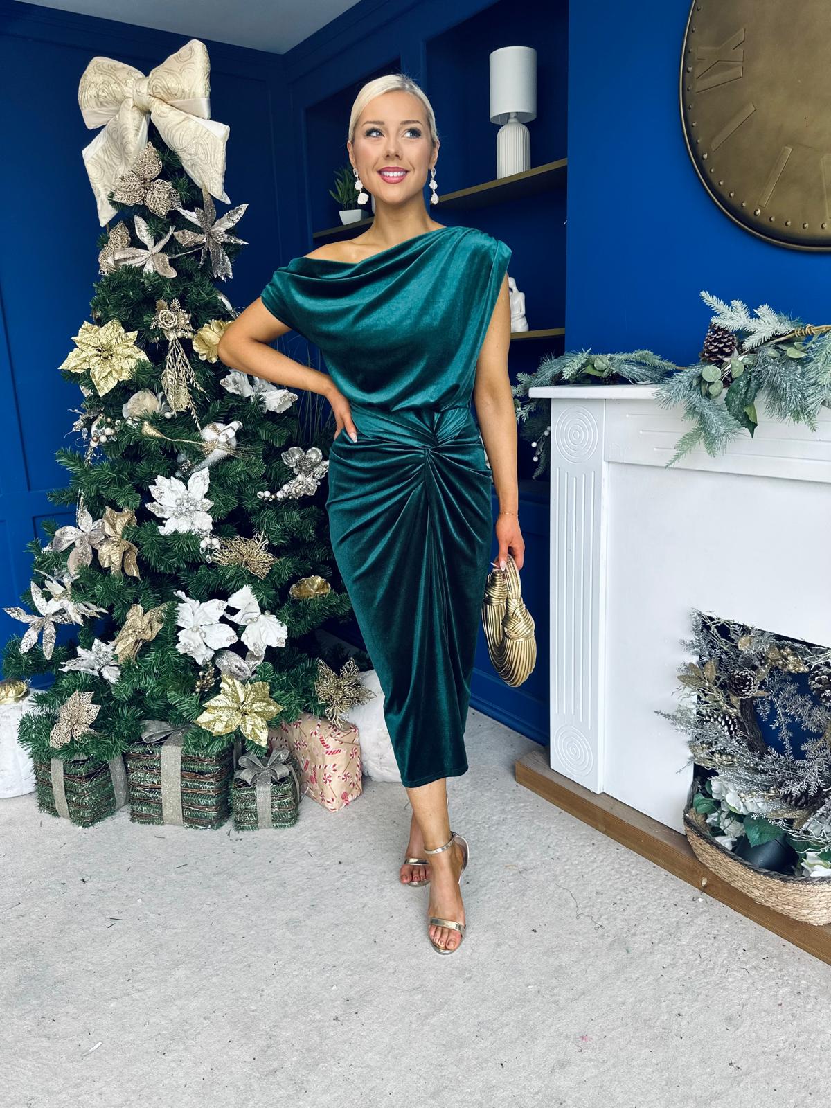 Isabelle Gathered Detail Velvet Occasion Dress Forest