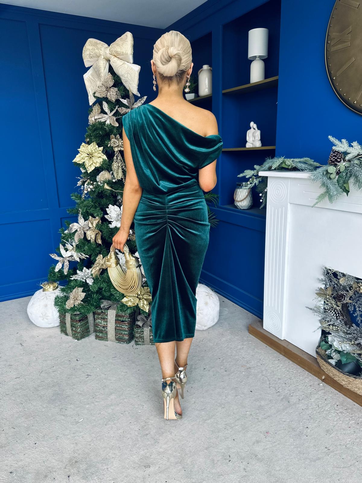 Isabelle Gathered Detail Velvet Occasion Dress Forest