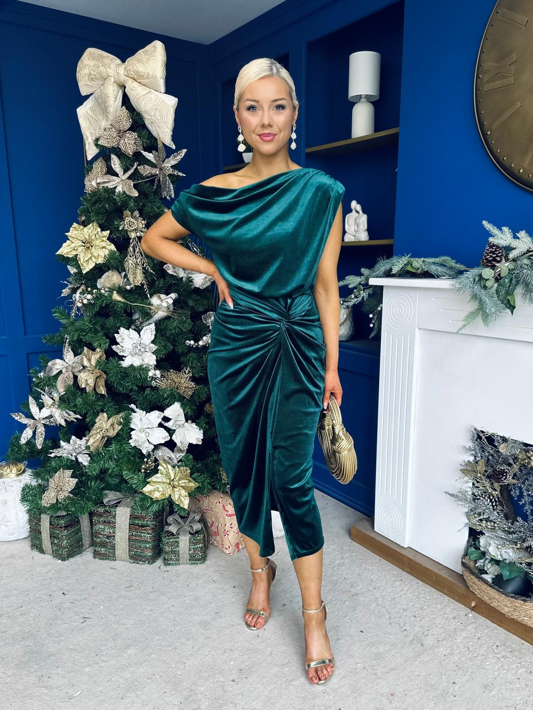 Isabelle Gathered Detail Velvet Occasion Dress Forest