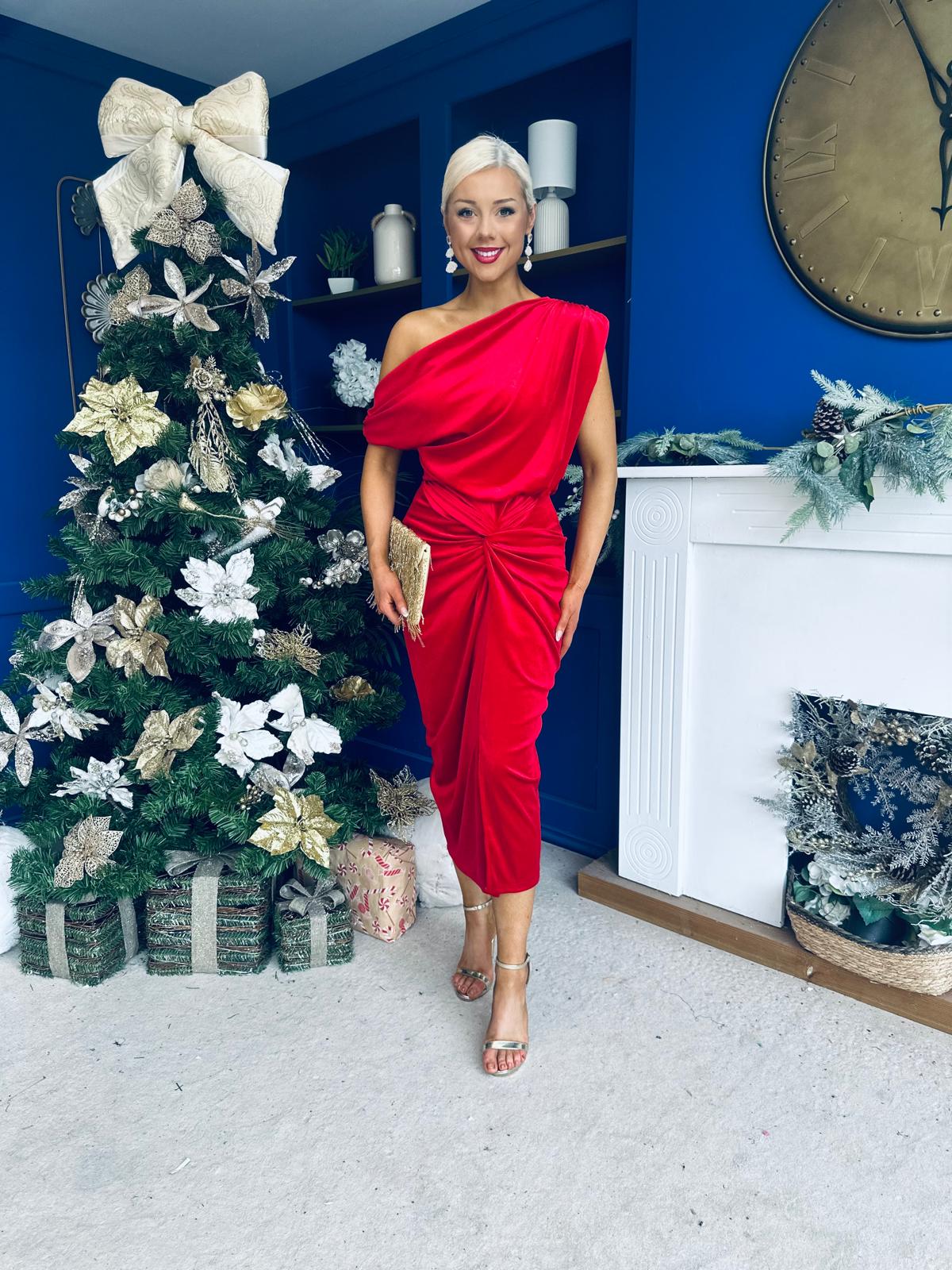 Isabelle Gathered Detail Velvet Occasion Dress Red