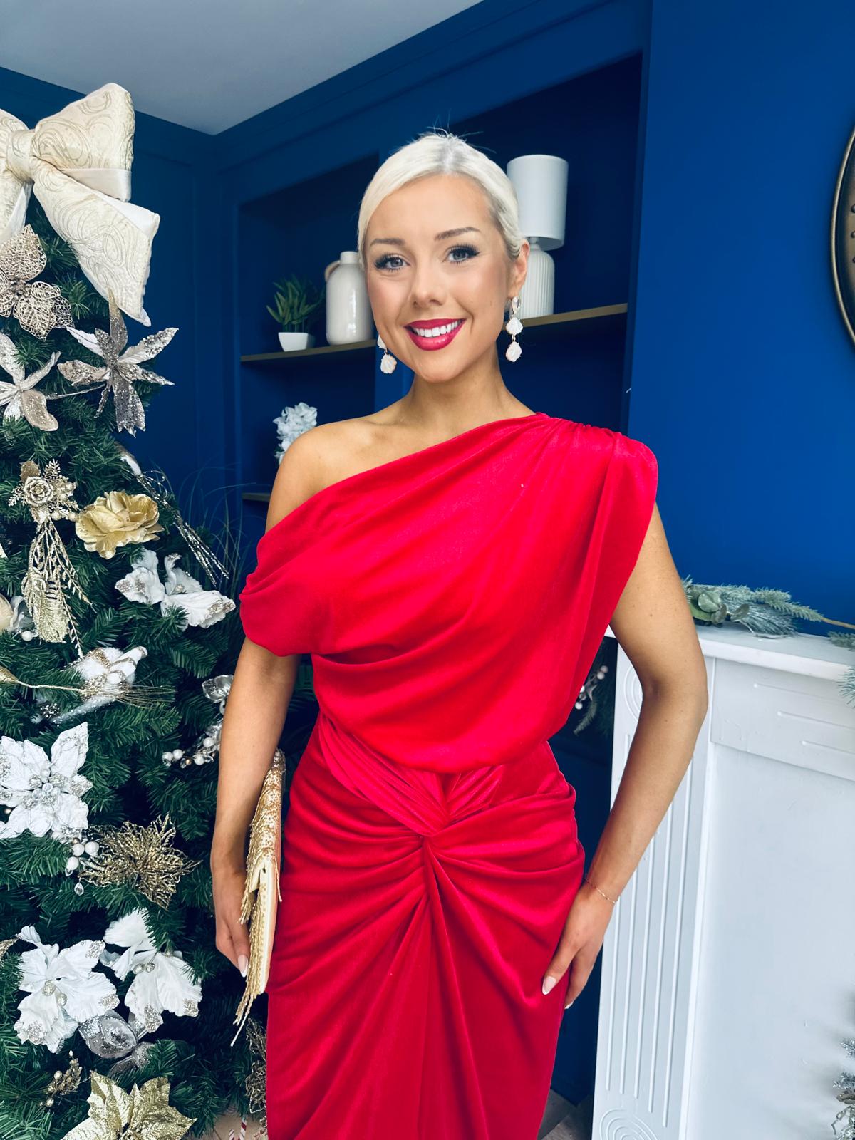 Isabelle Gathered Detail Velvet Occasion Dress Red