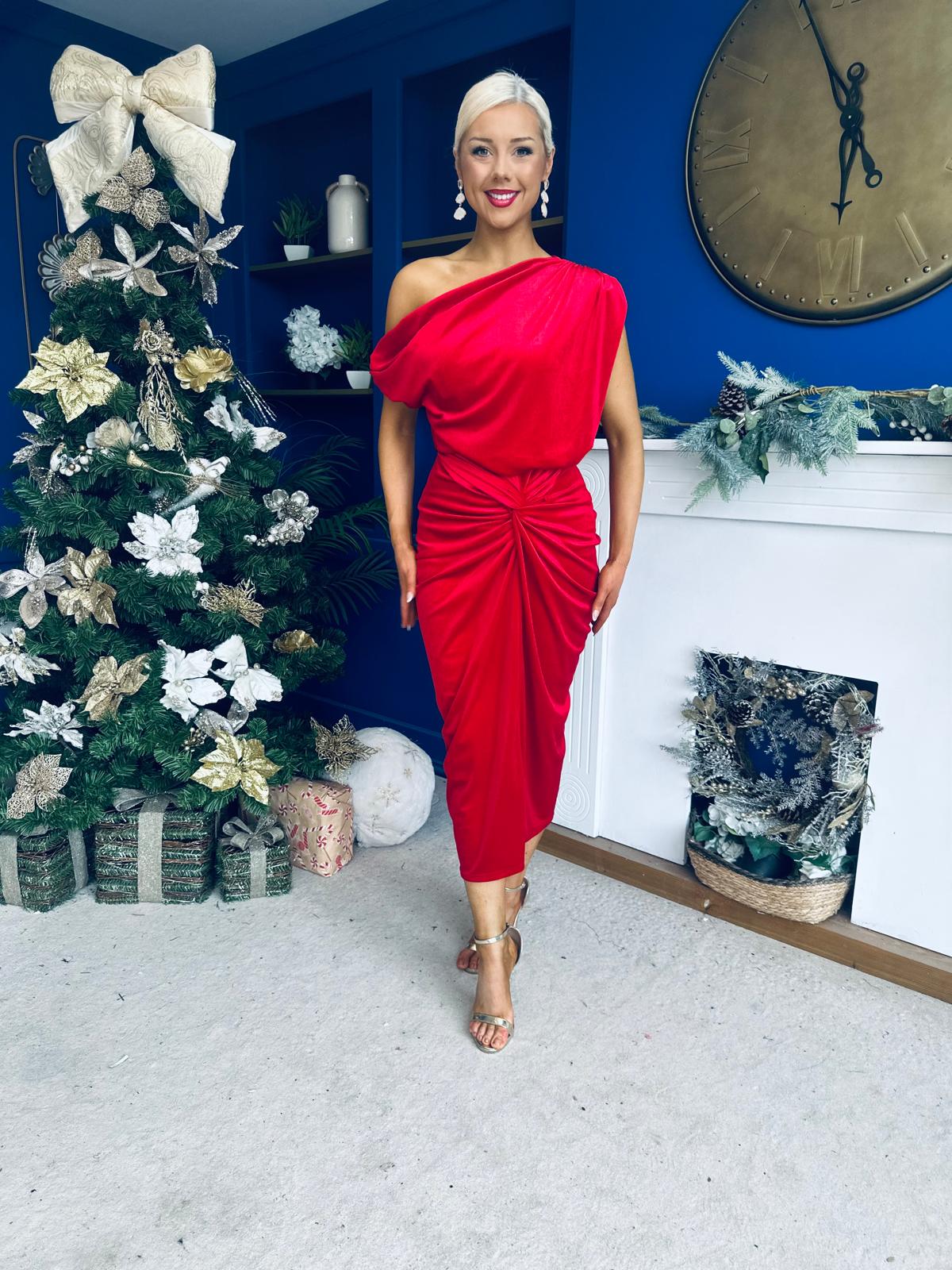 Isabelle Gathered Detail Velvet Occasion Dress Red