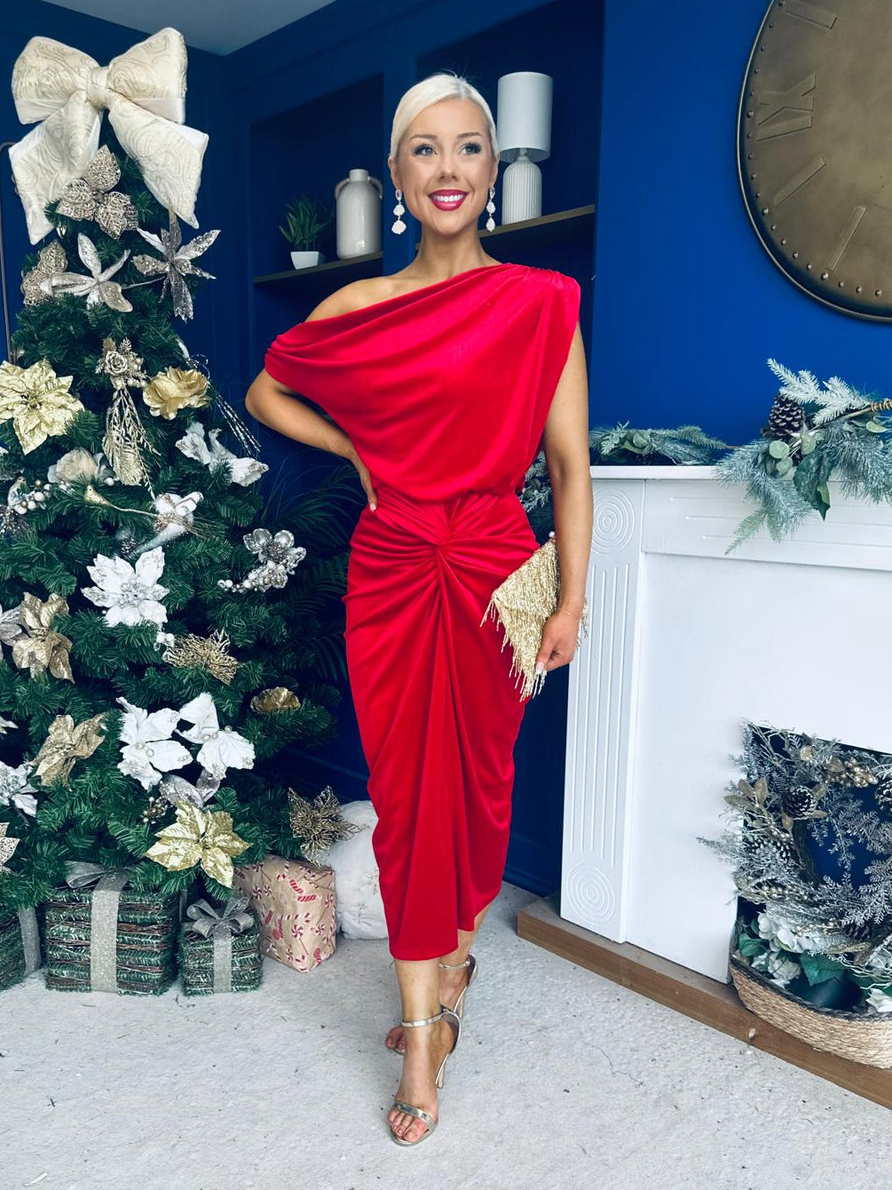 Isabelle Gathered Detail Velvet Occasion Dress Red