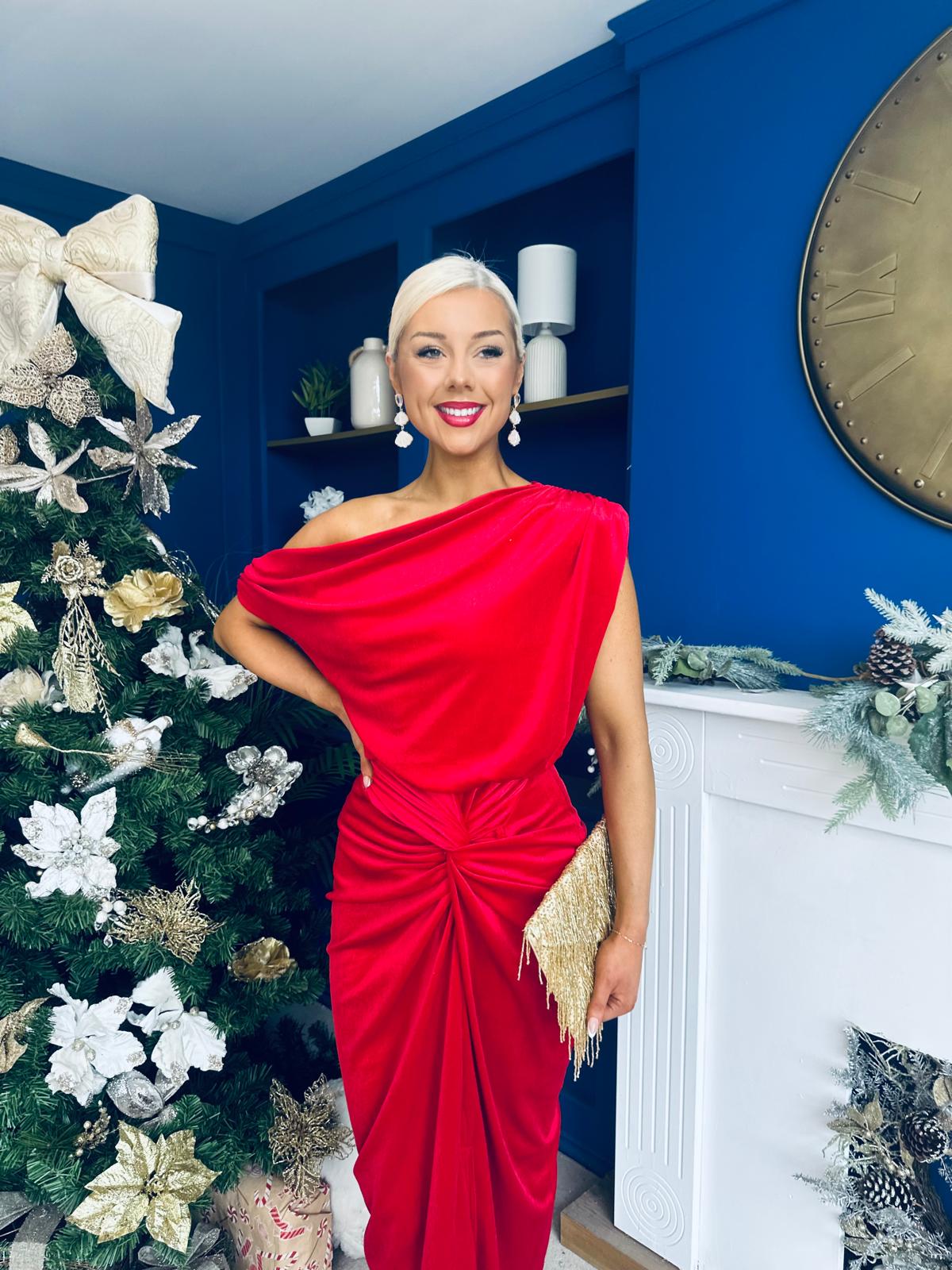 Isabelle Gathered Detail Velvet Occasion Dress Red