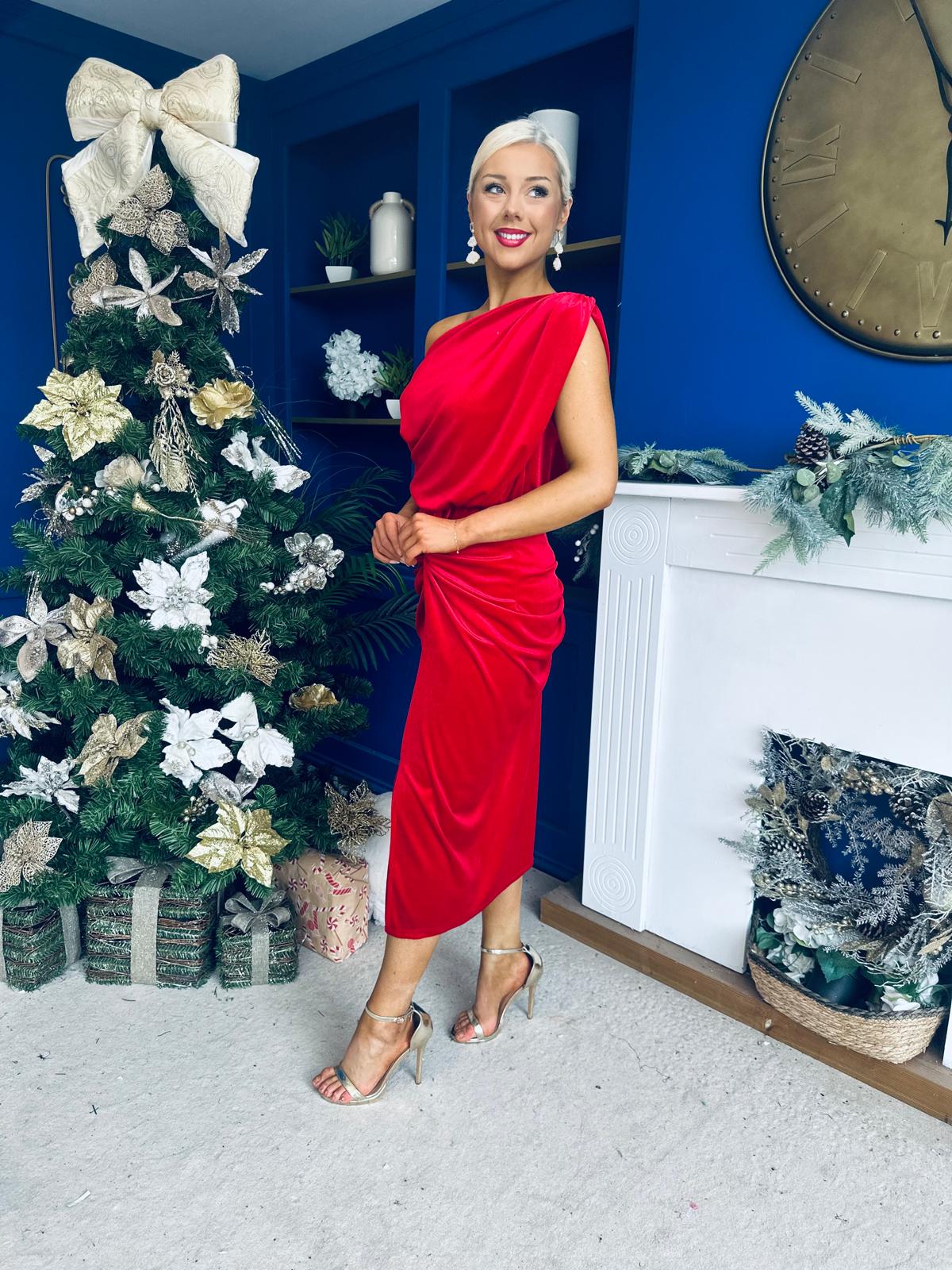 Isabelle Gathered Detail Velvet Occasion Dress Red