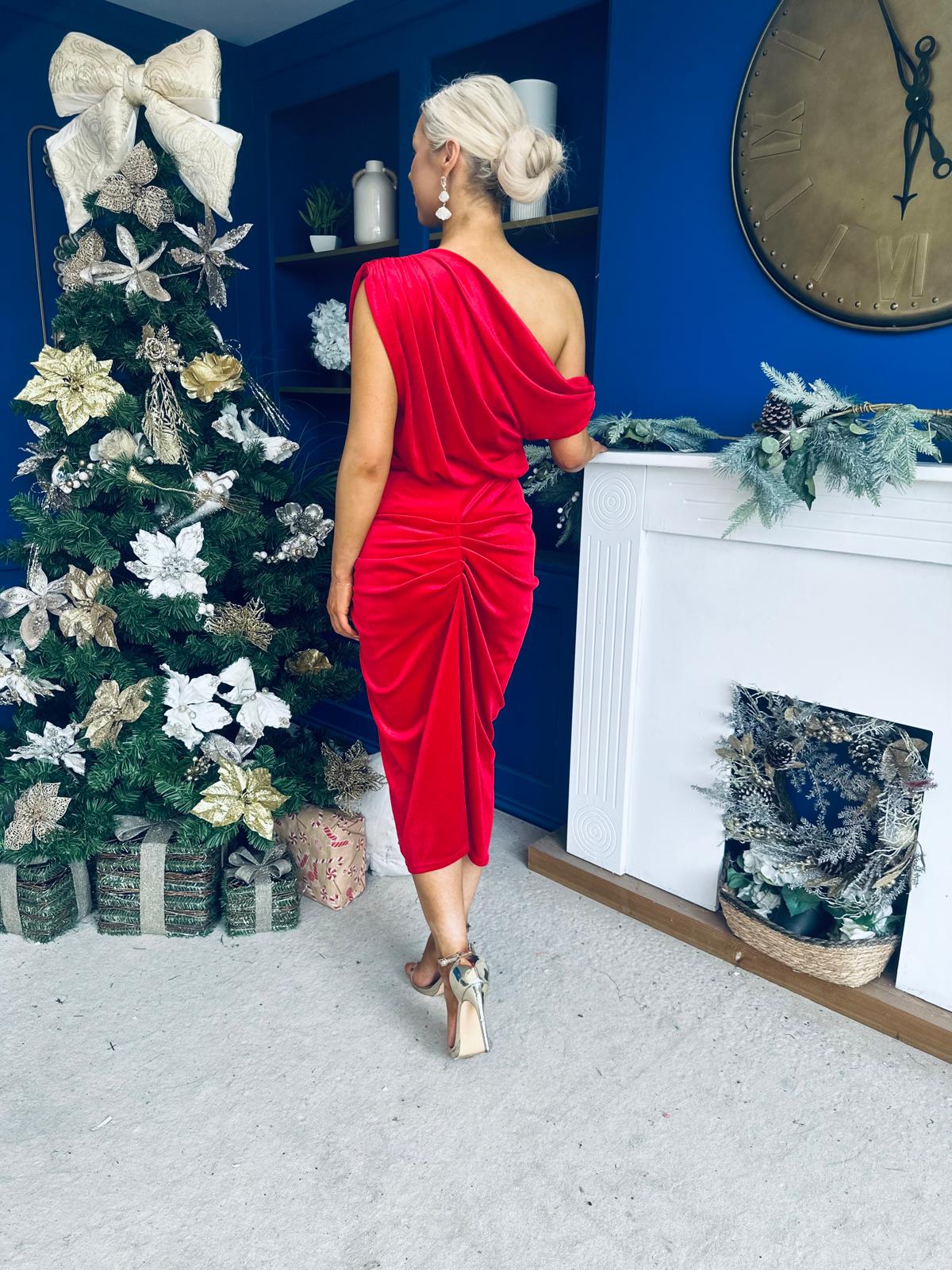 Isabelle Gathered Detail Velvet Occasion Dress Red