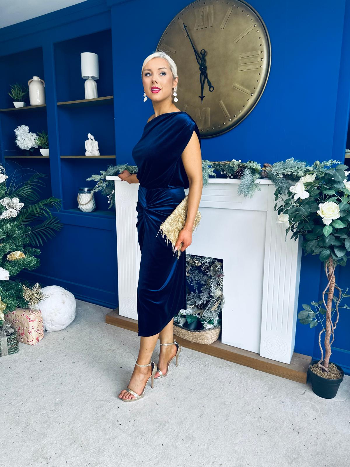 Isabelle Gathered Detail Velvet Occasion Dress Navy