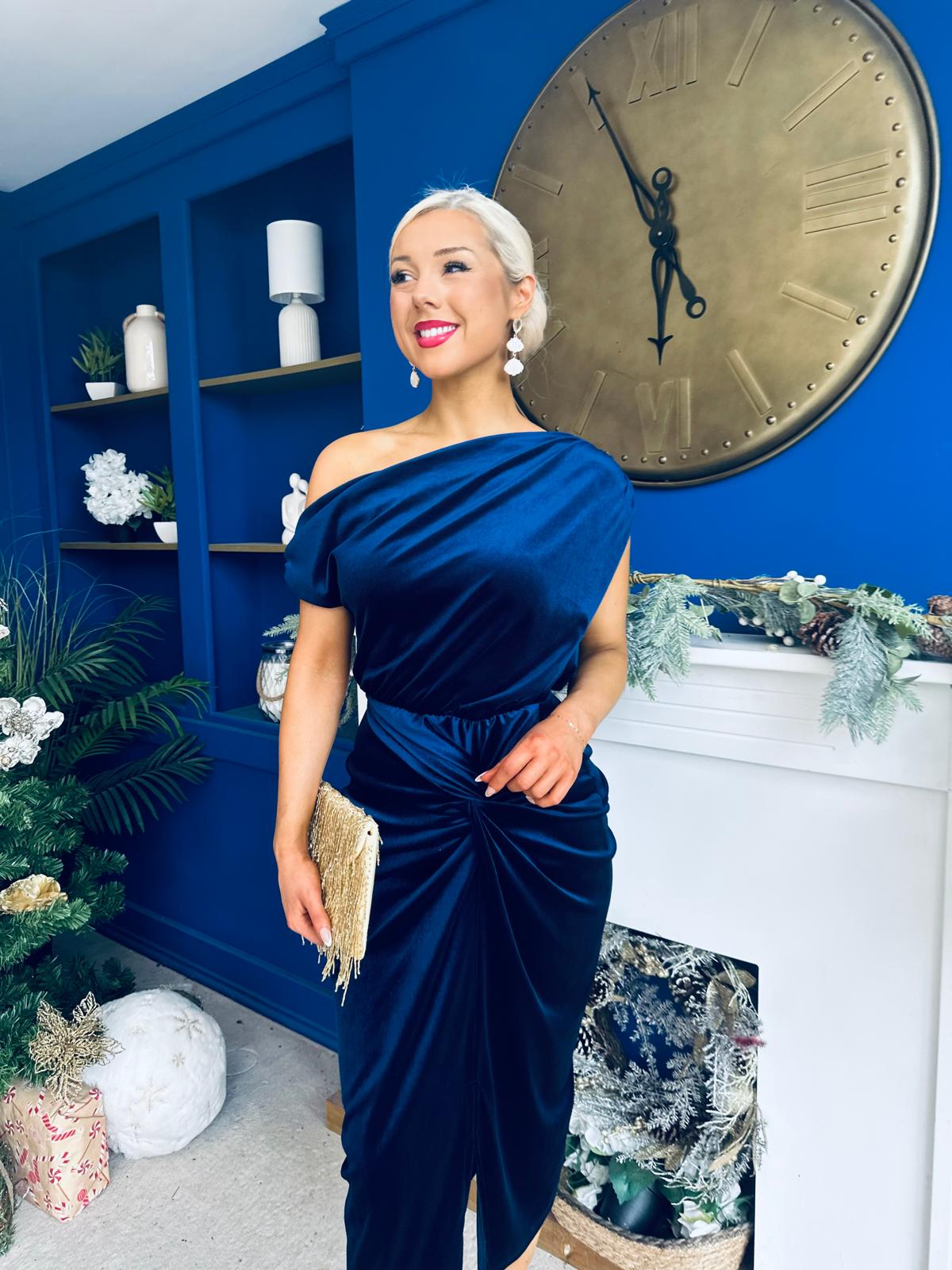 Isabelle Gathered Detail Velvet Occasion Dress Navy