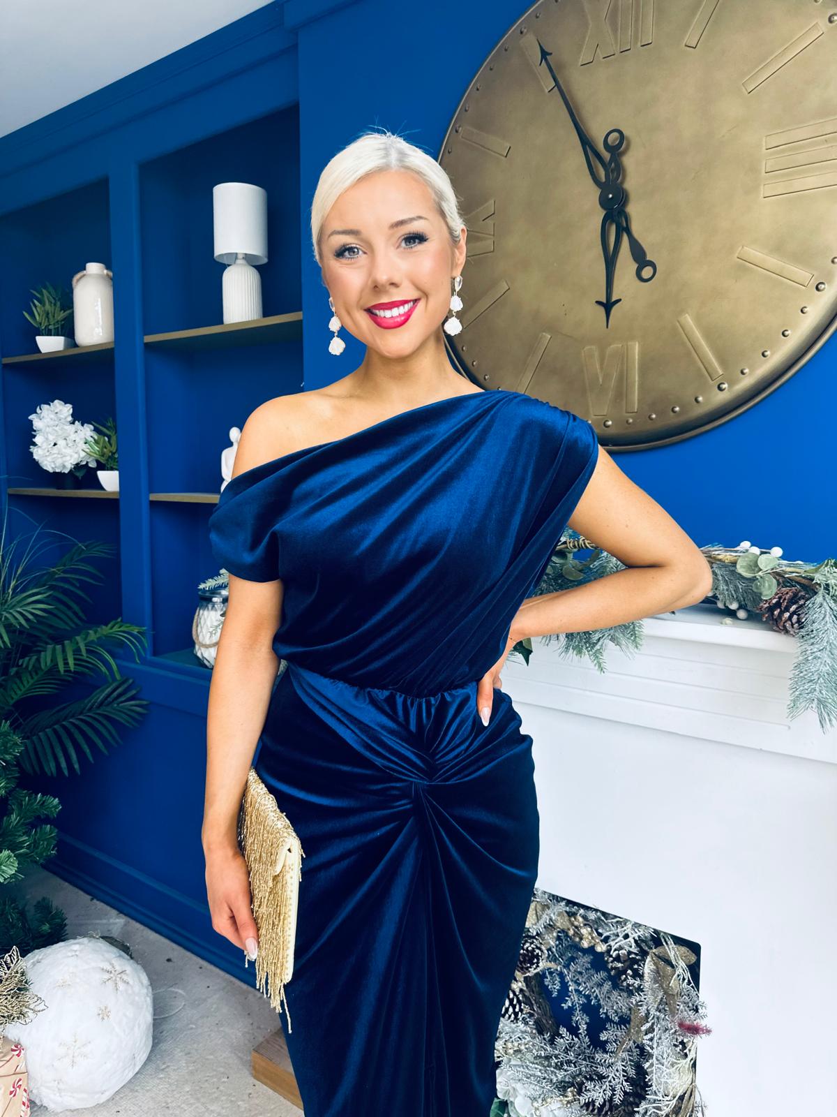 Isabelle Gathered Detail Velvet Occasion Dress Navy