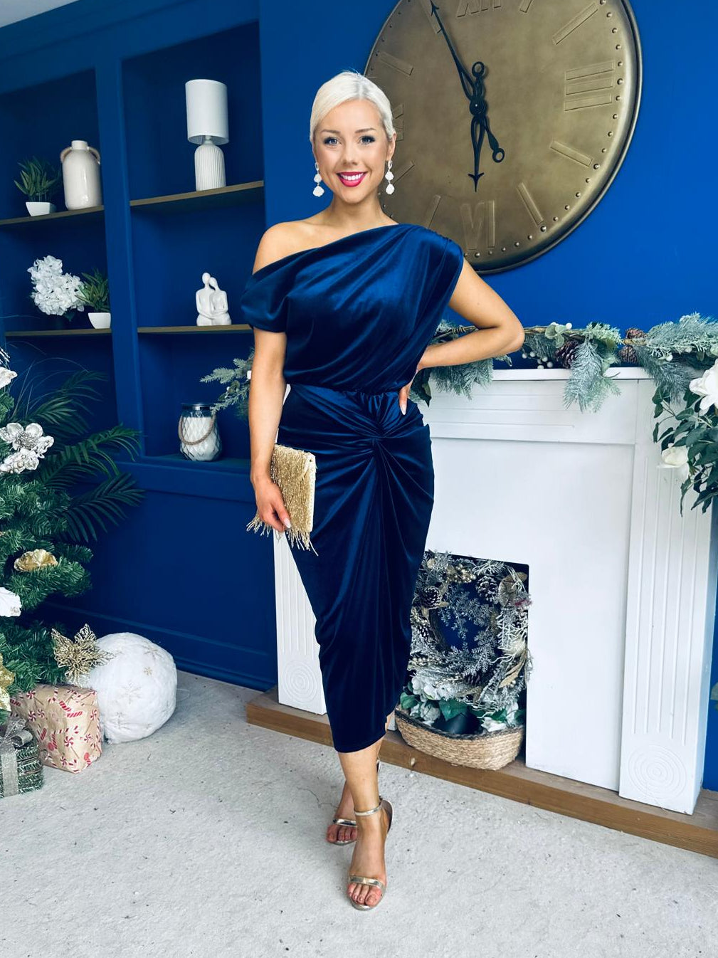 Isabelle Gathered Detail Velvet Occasion Dress Navy