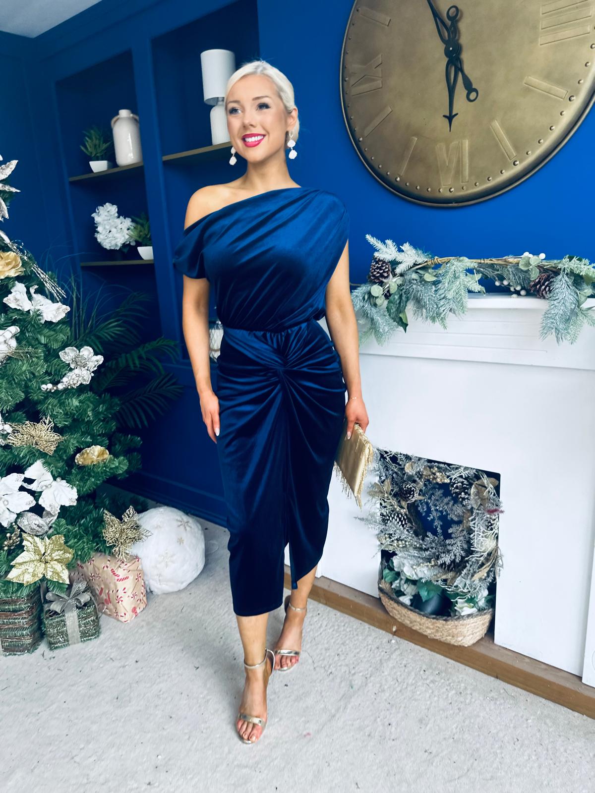 Isabelle Gathered Detail Velvet Occasion Dress Navy