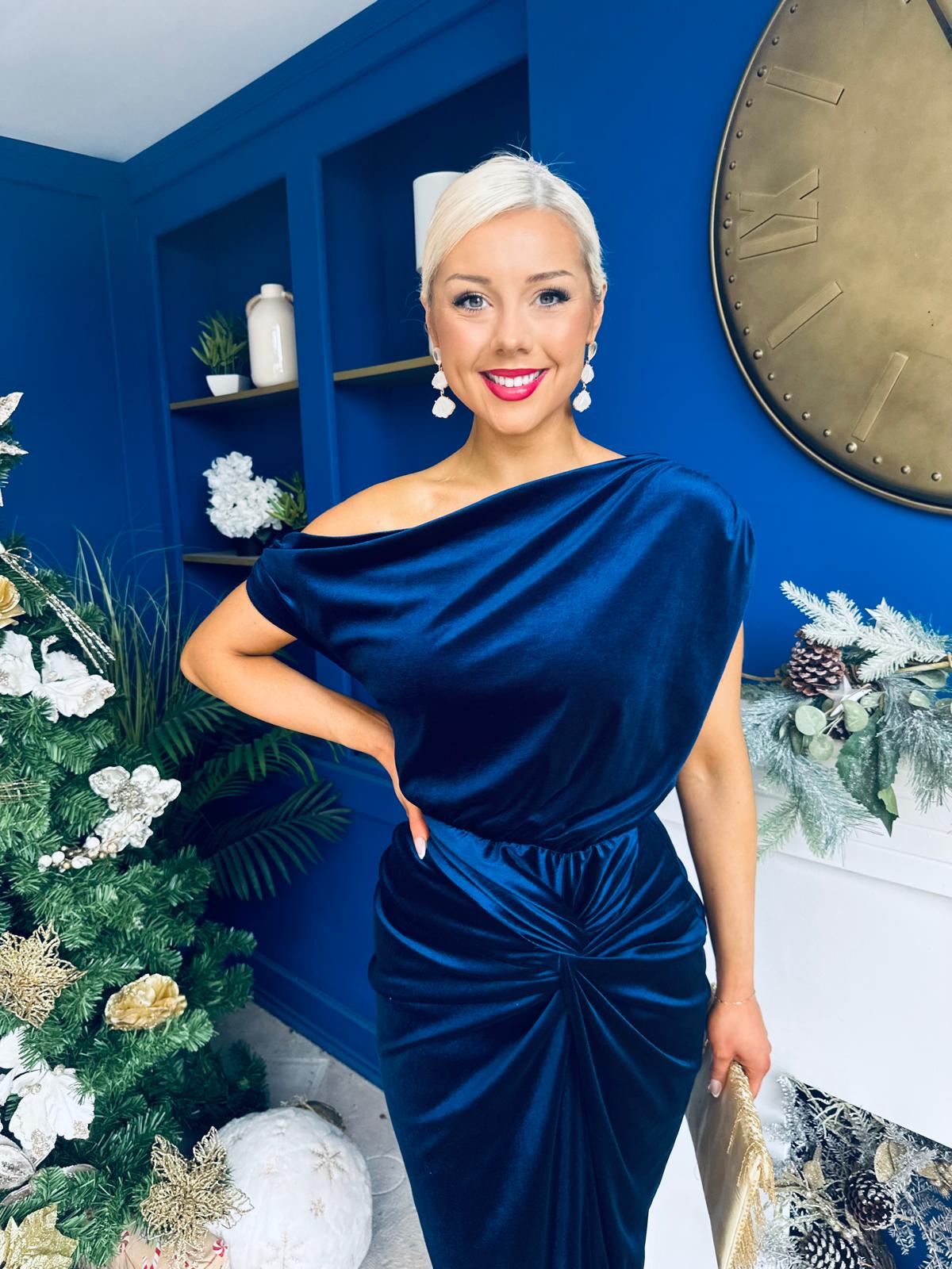 Isabelle Gathered Detail Velvet Occasion Dress Navy