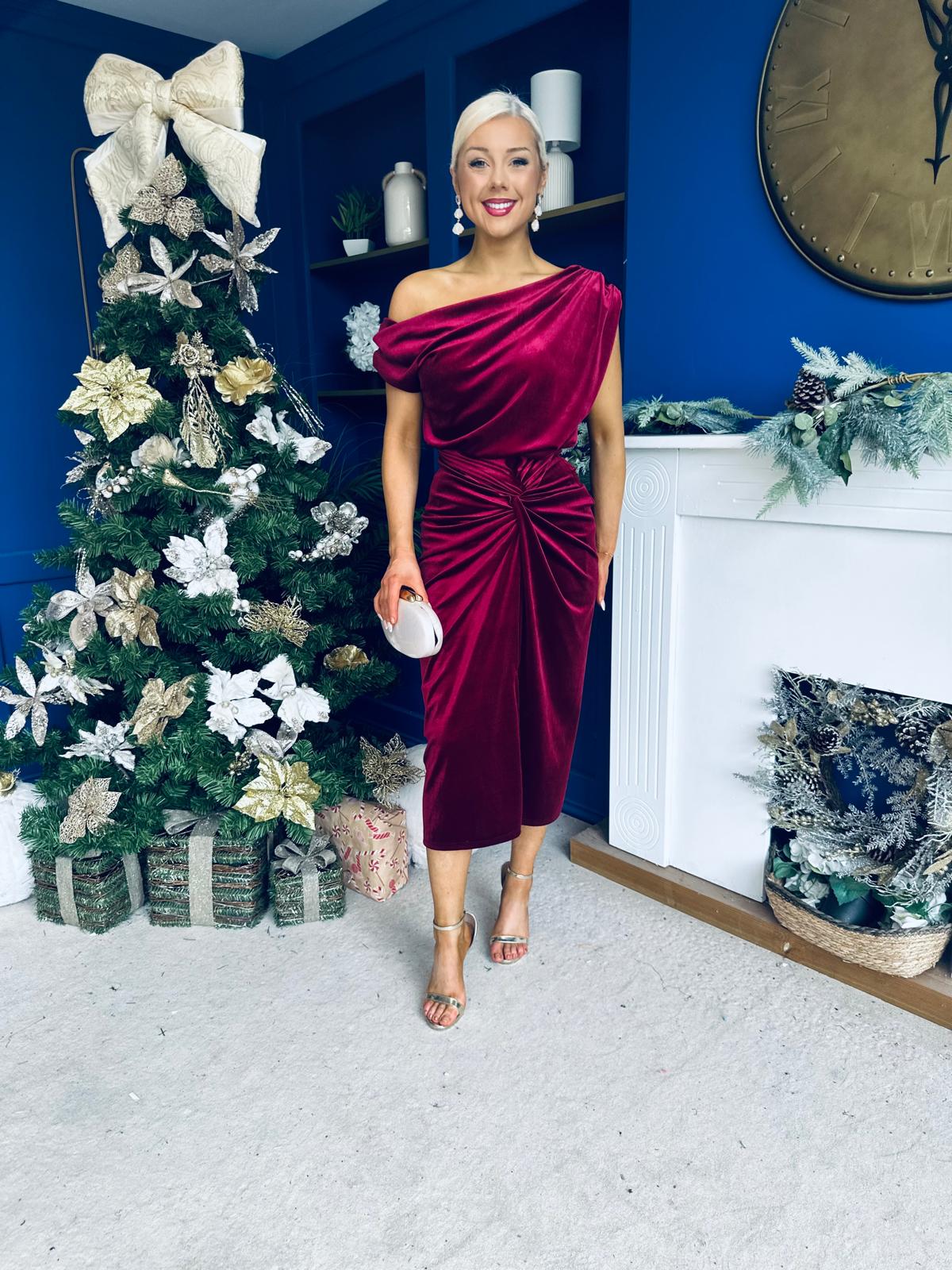 Isabelle Gathered Detail Velvet Occasion Dress Wine