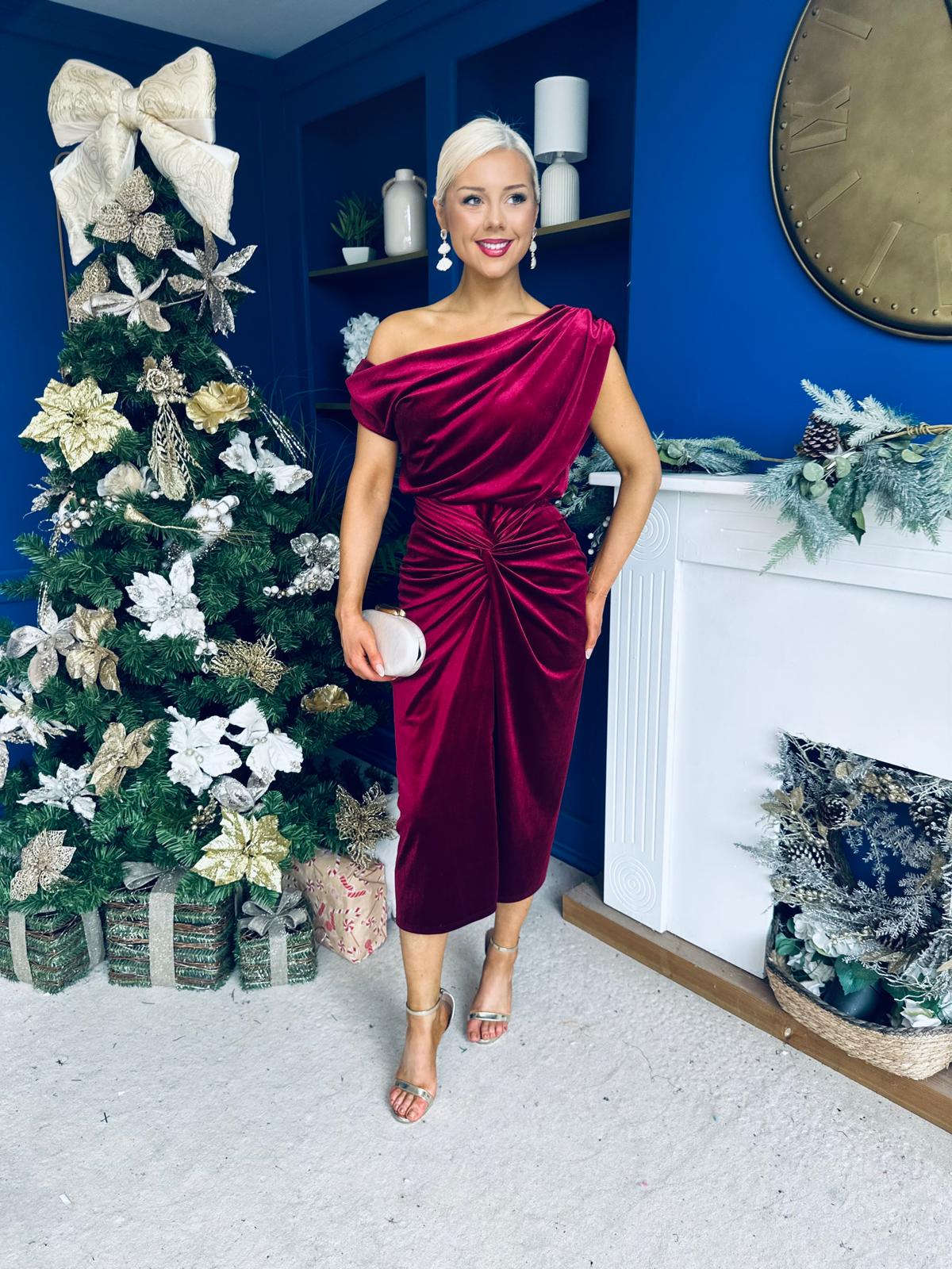 Isabelle Gathered Detail Velvet Occasion Dress Wine