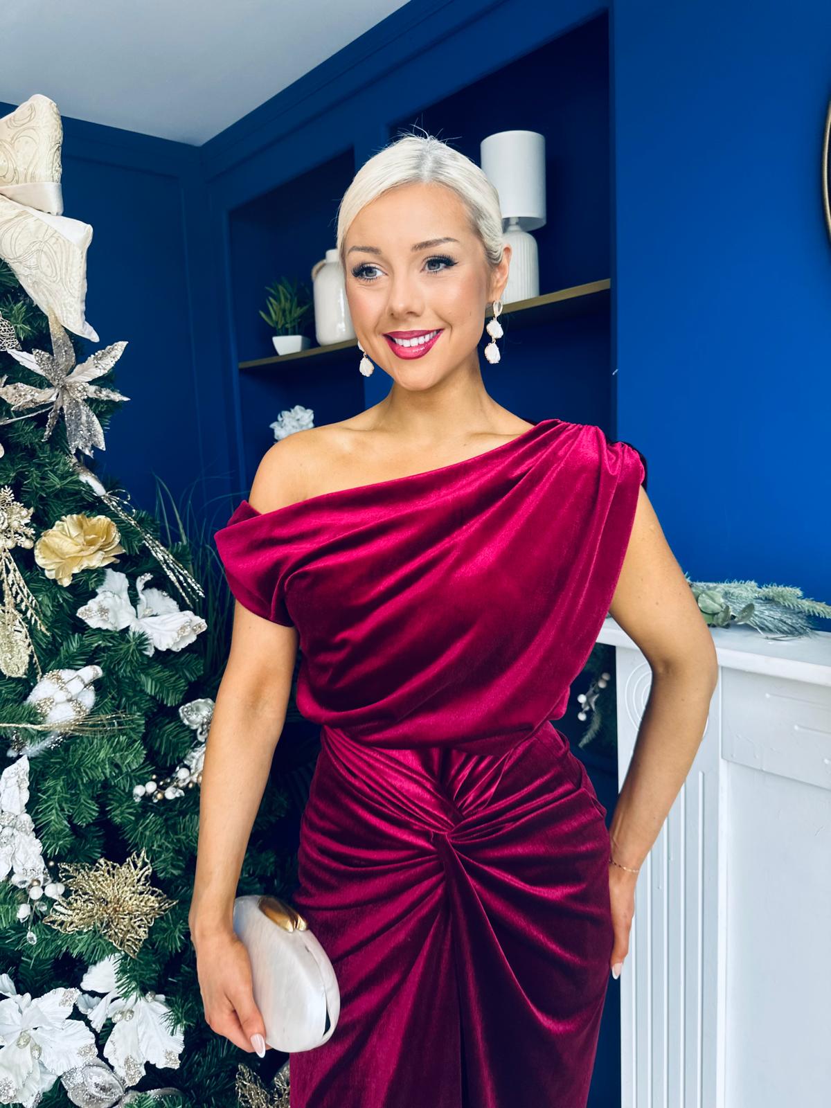 Isabelle Gathered Detail Velvet Occasion Dress Wine