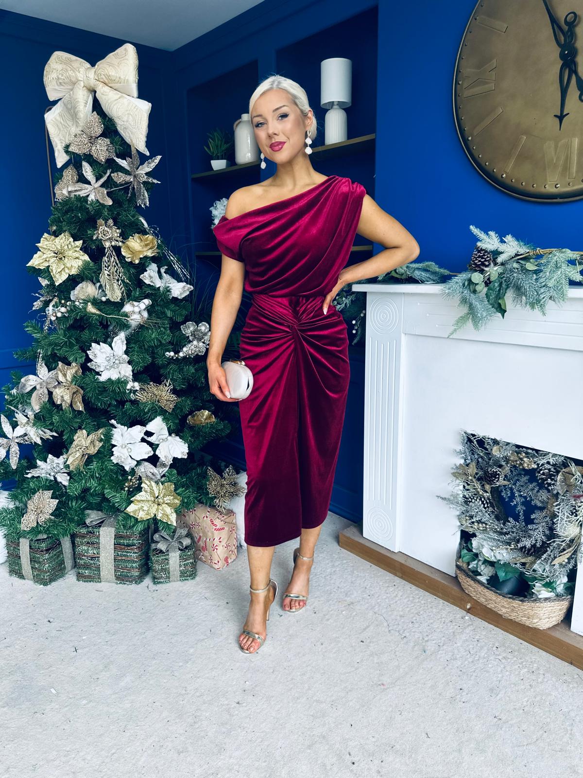 Isabelle Gathered Detail Velvet Occasion Dress Wine