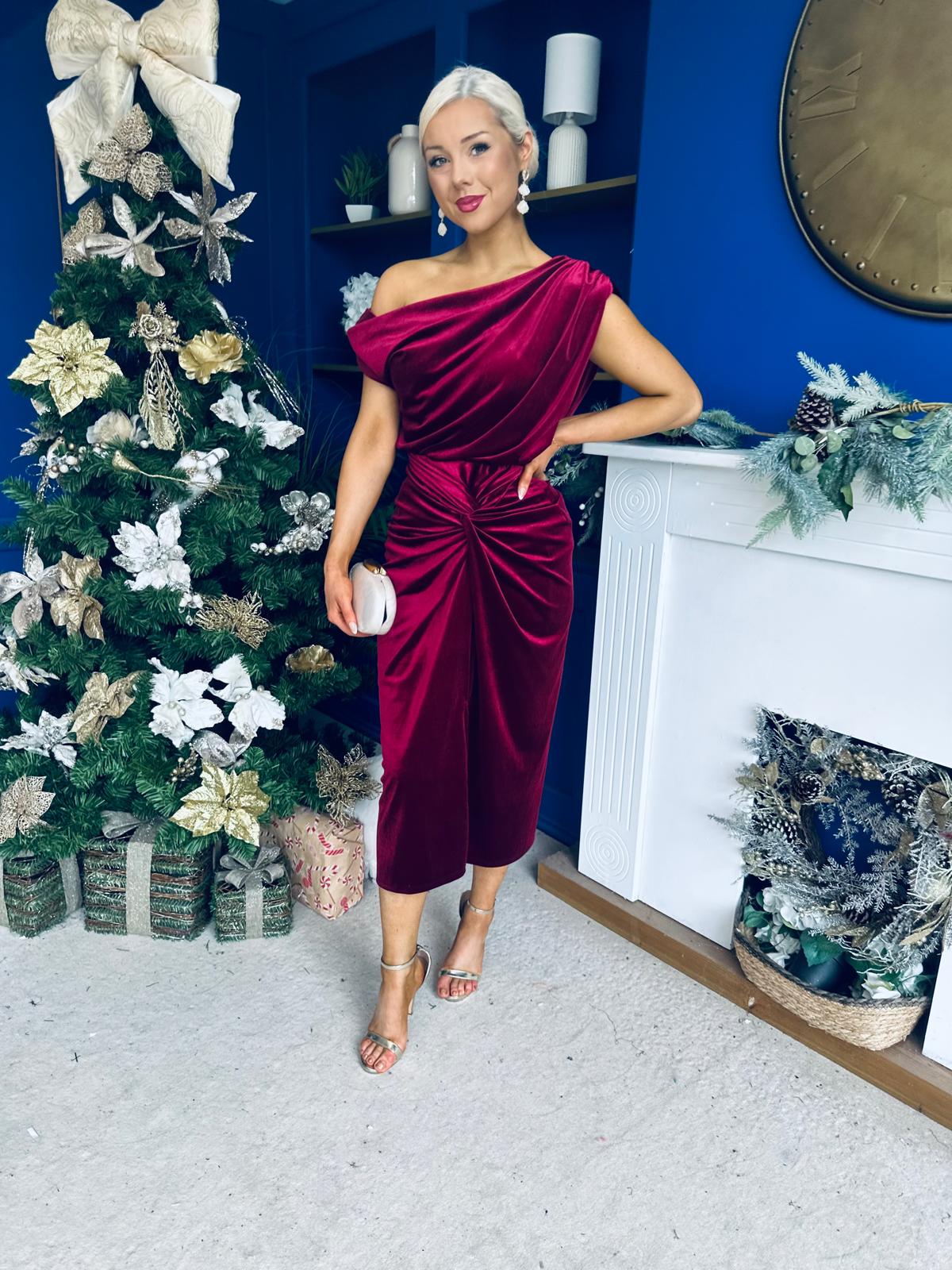 Isabelle Gathered Detail Velvet Occasion Dress Wine