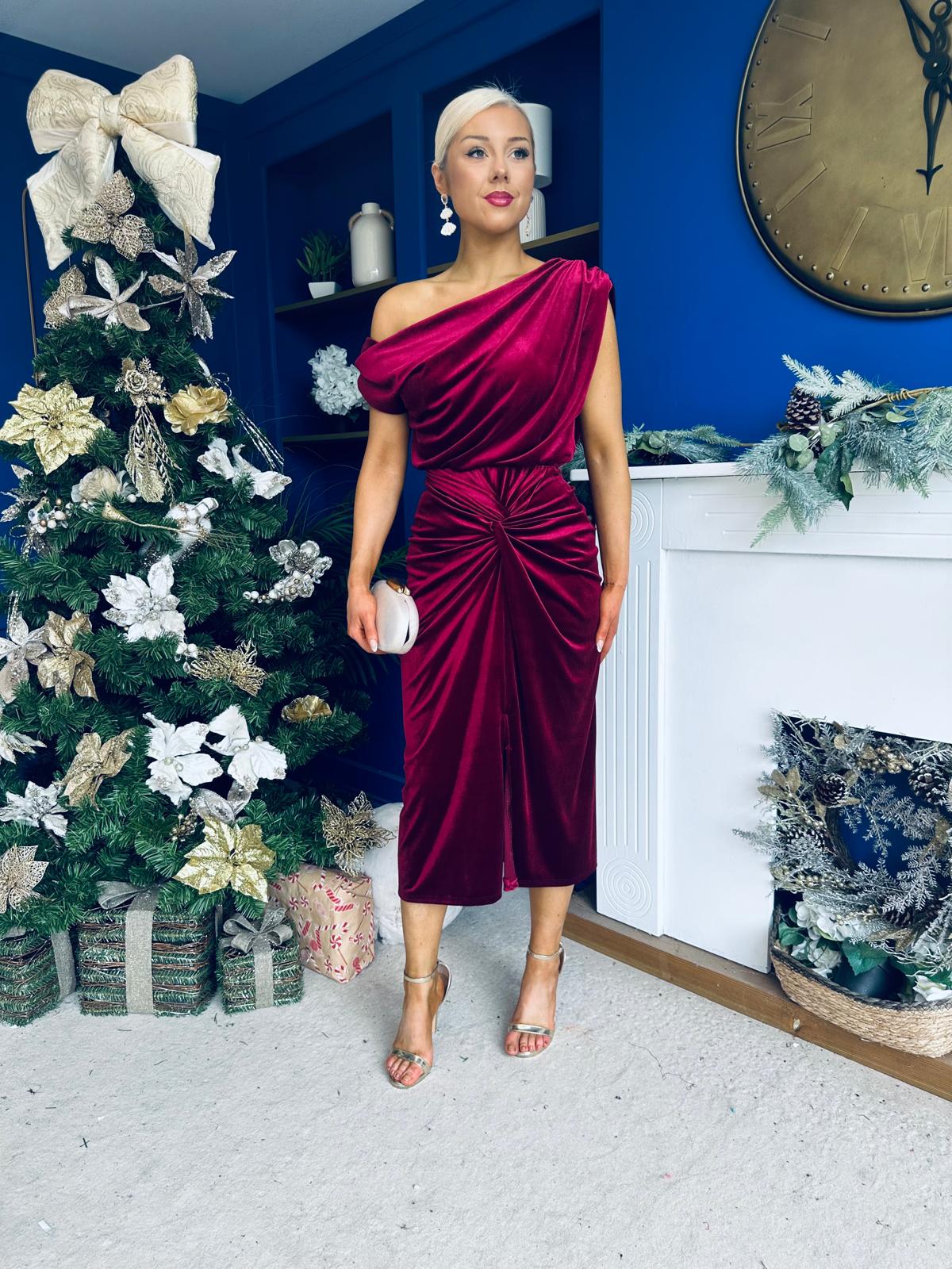 Isabelle Gathered Detail Velvet Occasion Dress Wine