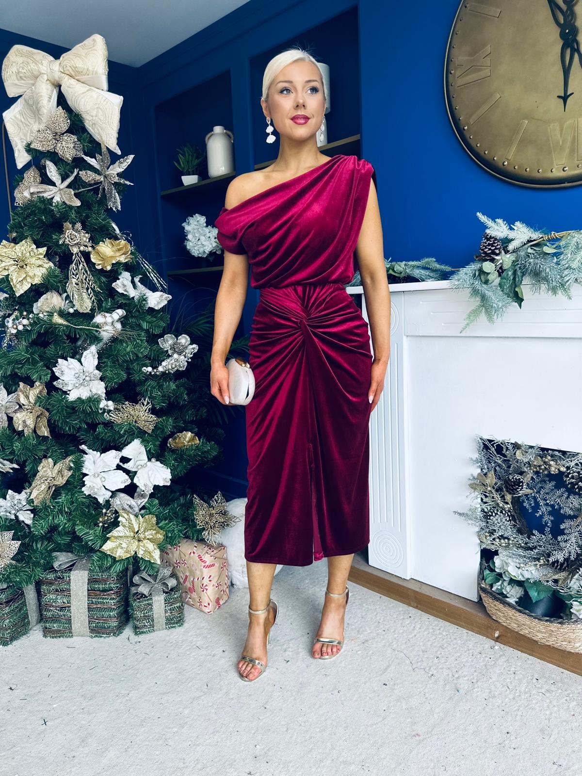 Isabelle Gathered Detail Velvet Occasion Dress Wine