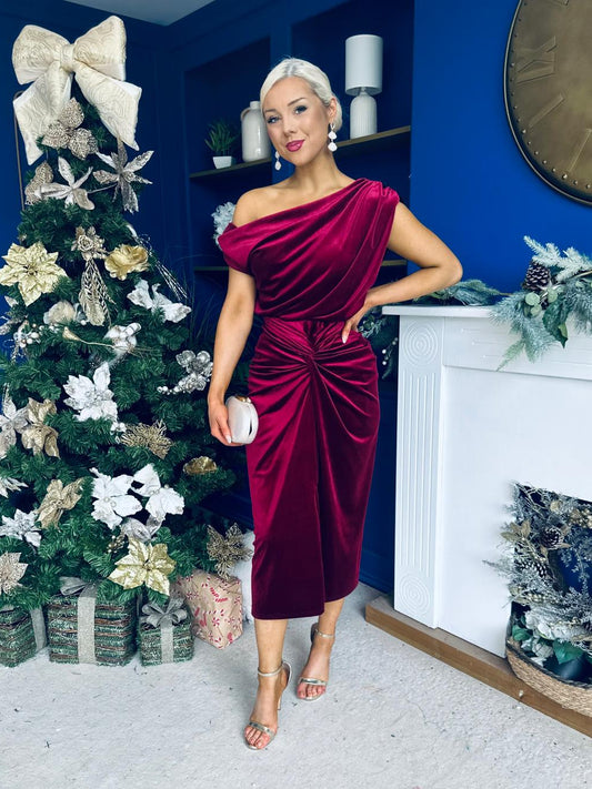 Isabelle Gathered Detail Velvet Occasion Dress Wine