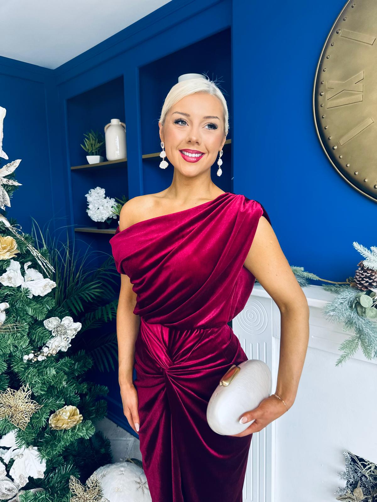 Isabelle Gathered Detail Velvet Occasion Dress Wine