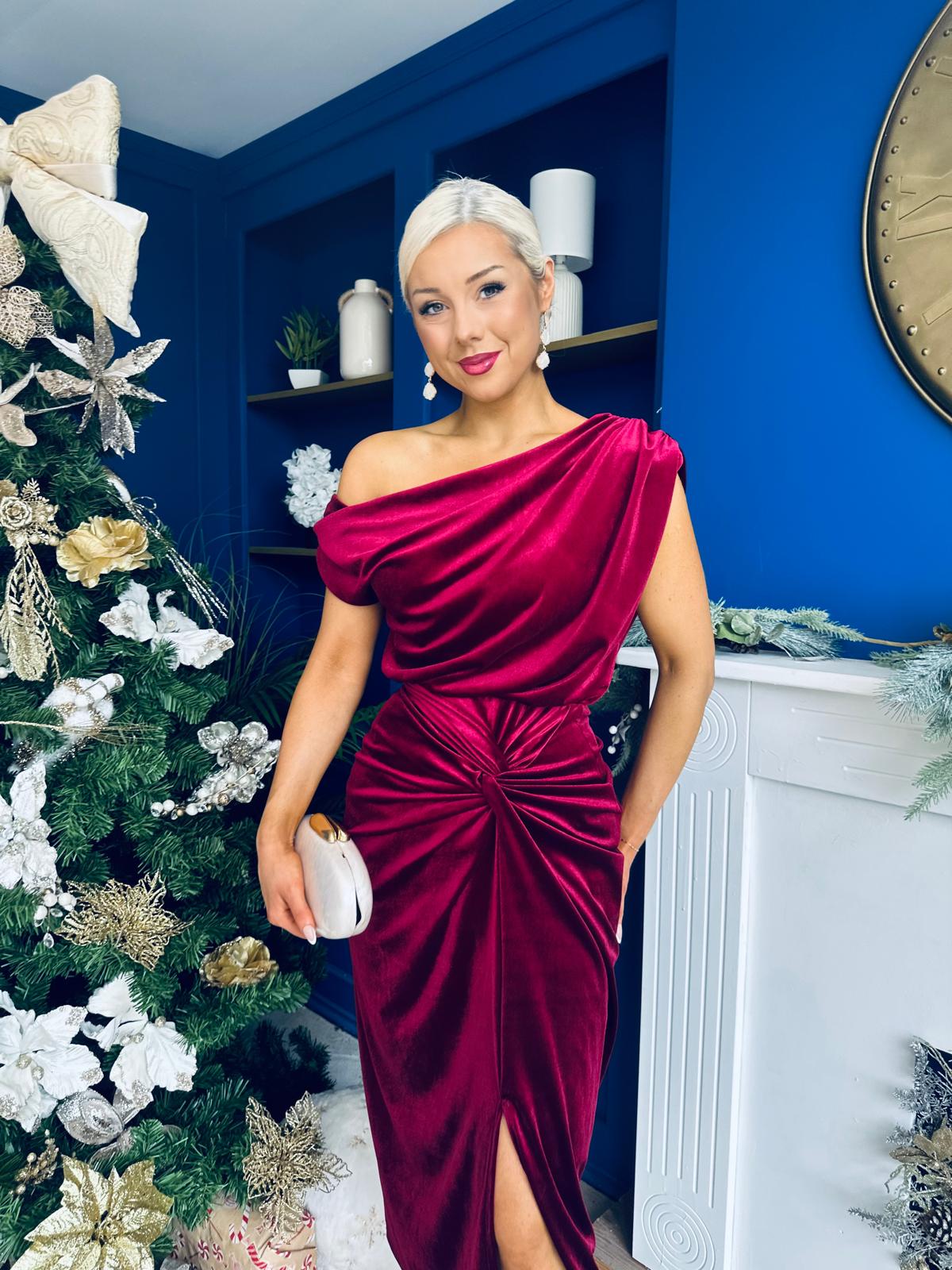 Isabelle Gathered Detail Velvet Occasion Dress Wine