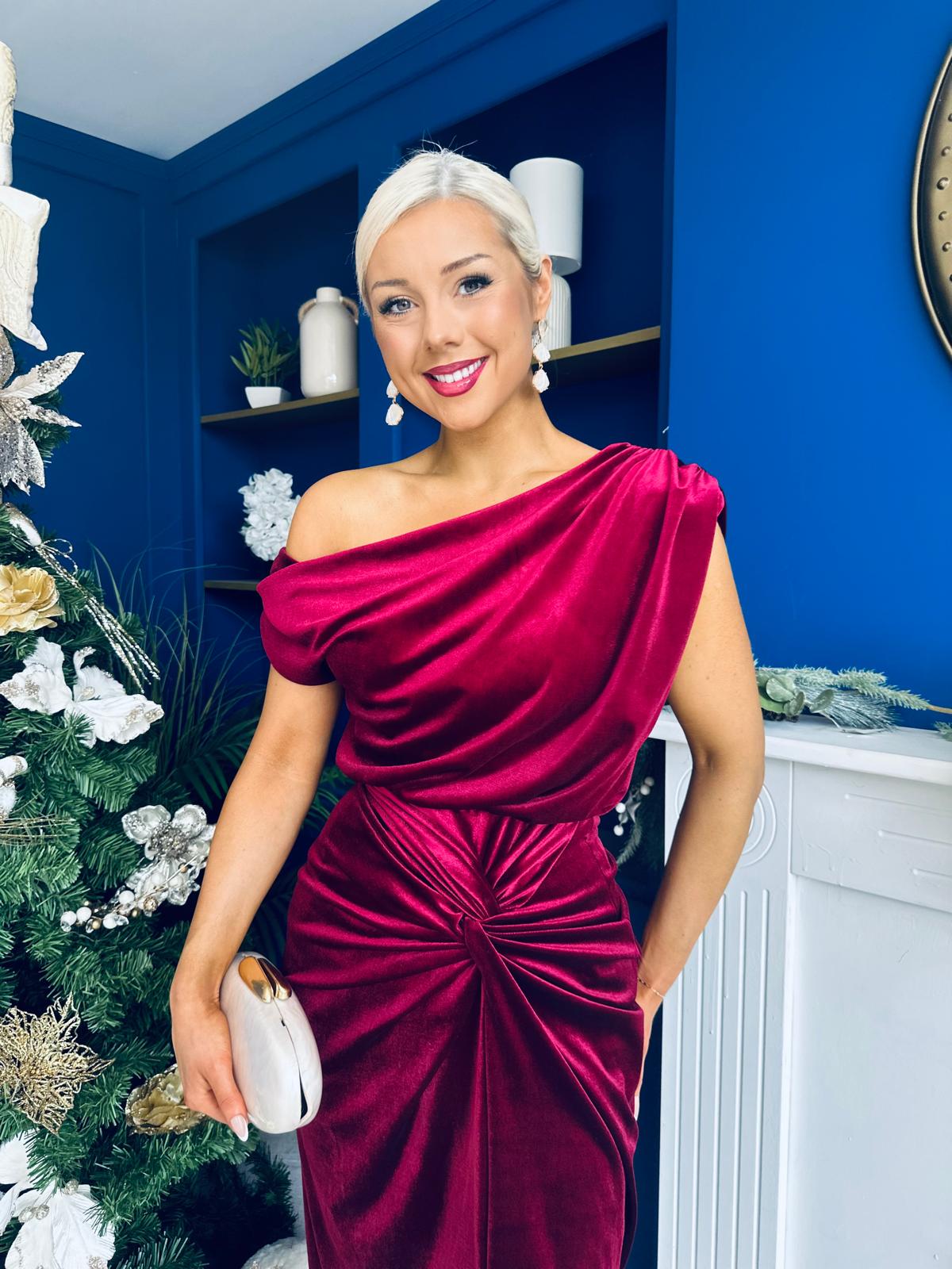 Isabelle Gathered Detail Velvet Occasion Dress Wine