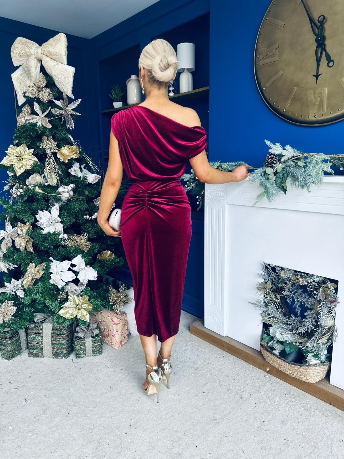 Isabelle Gathered Detail Velvet Occasion Dress Wine
