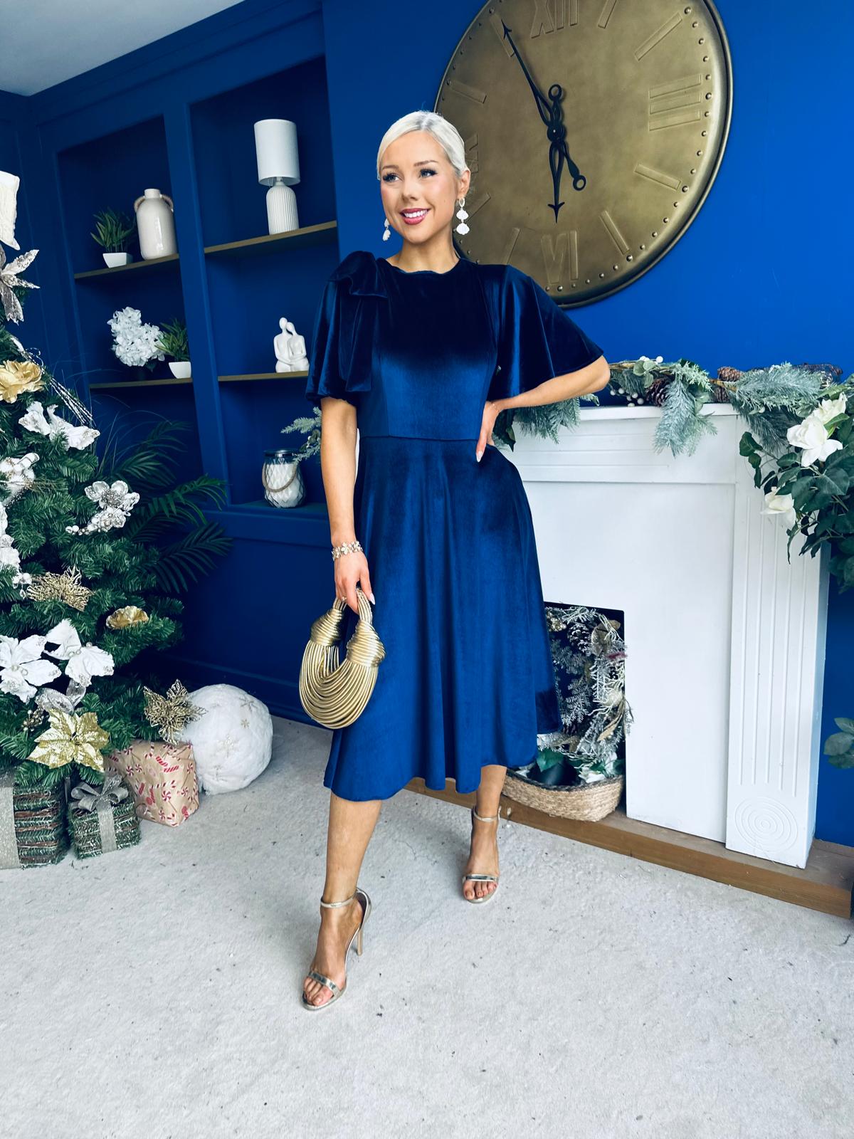 Camilla Bow Detail Midi Dress Velvet Navy