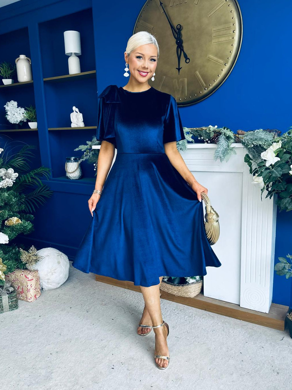 Camilla Bow Detail Midi Dress Velvet Navy