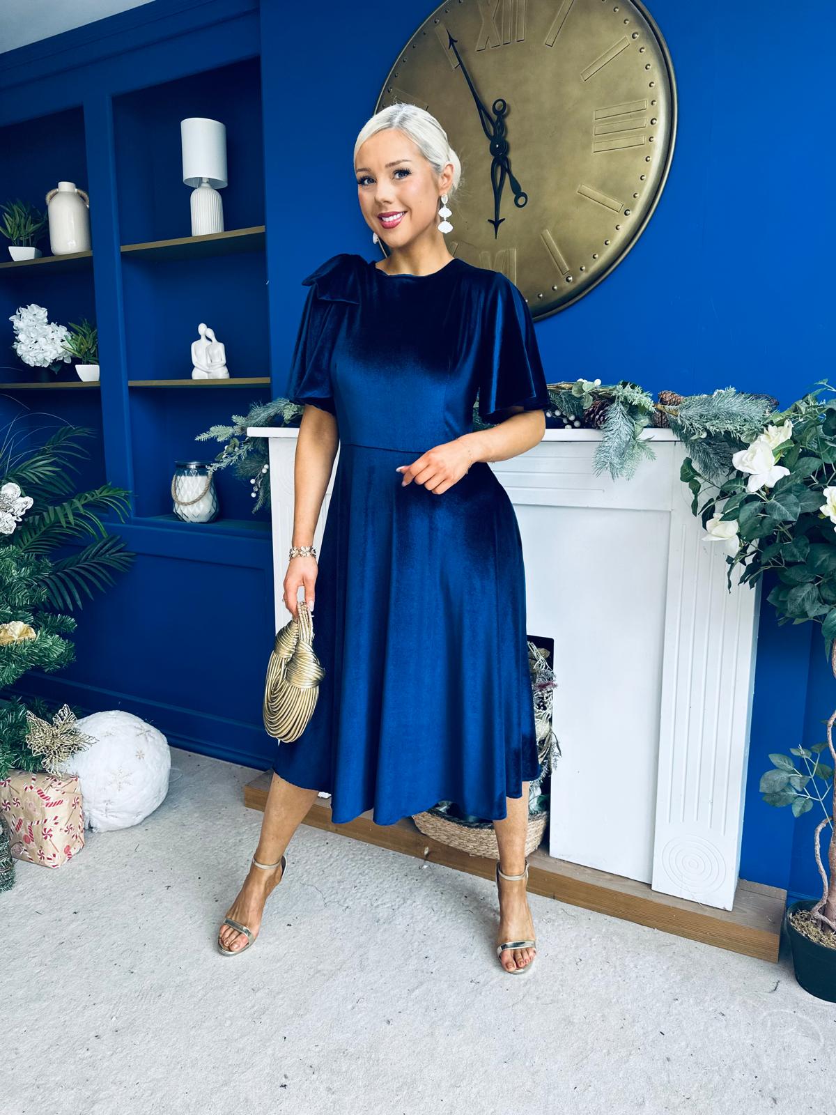 Camilla Bow Detail Midi Dress Velvet Navy