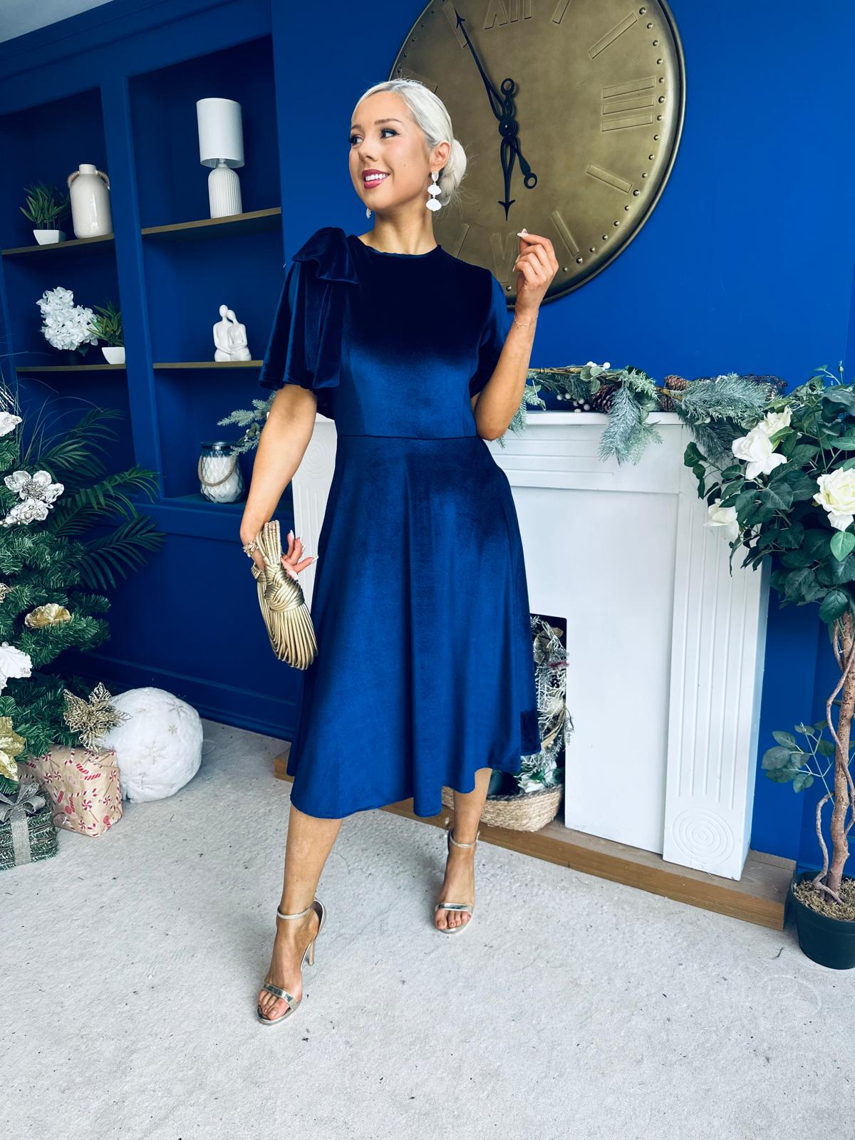 Camilla Bow Detail Midi Dress Velvet Navy