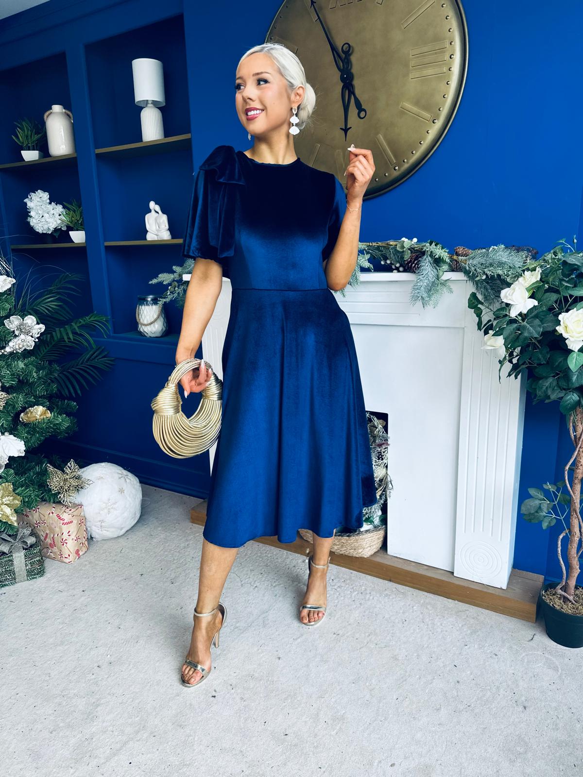 Camilla Bow Detail Midi Dress Velvet Navy