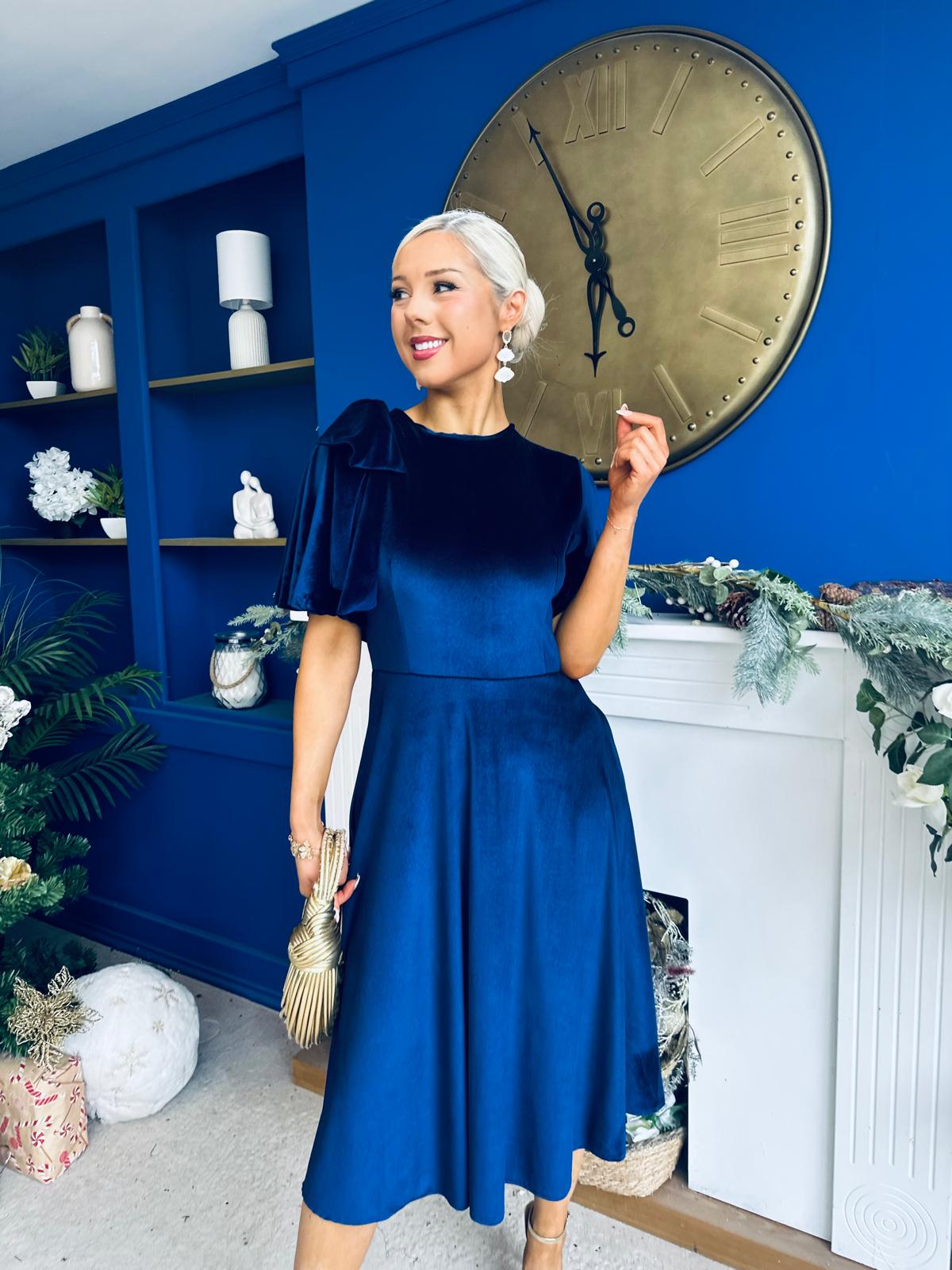 Camilla Bow Detail Midi Dress Velvet Navy